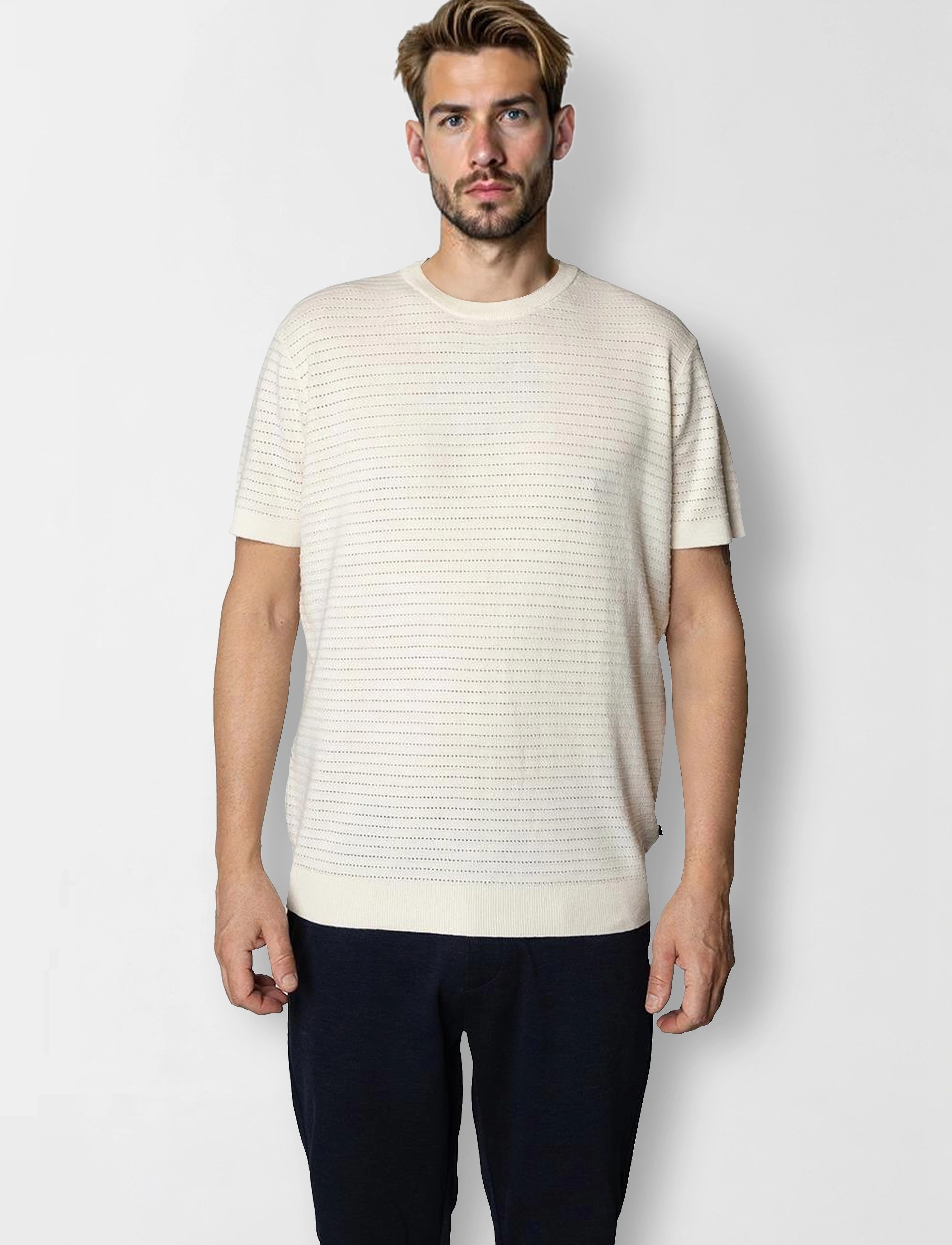 Clean Cut Copenhagen Owen Knitted T-Shirt, Mænd, Strikket T-Shirt, Beige, Str: XXL