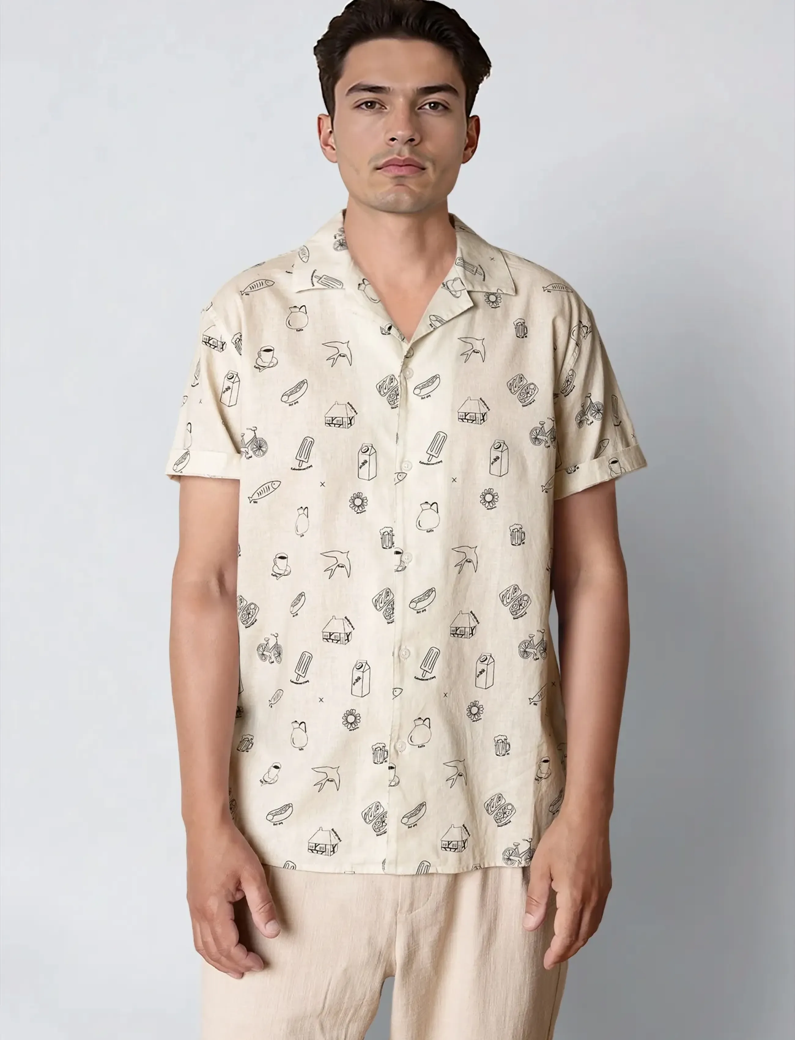 Clean Cut Copenhagen Bowling Magne S/S Shirt, L, Cream, Skjorter > Kortærmede Shirts, Herre