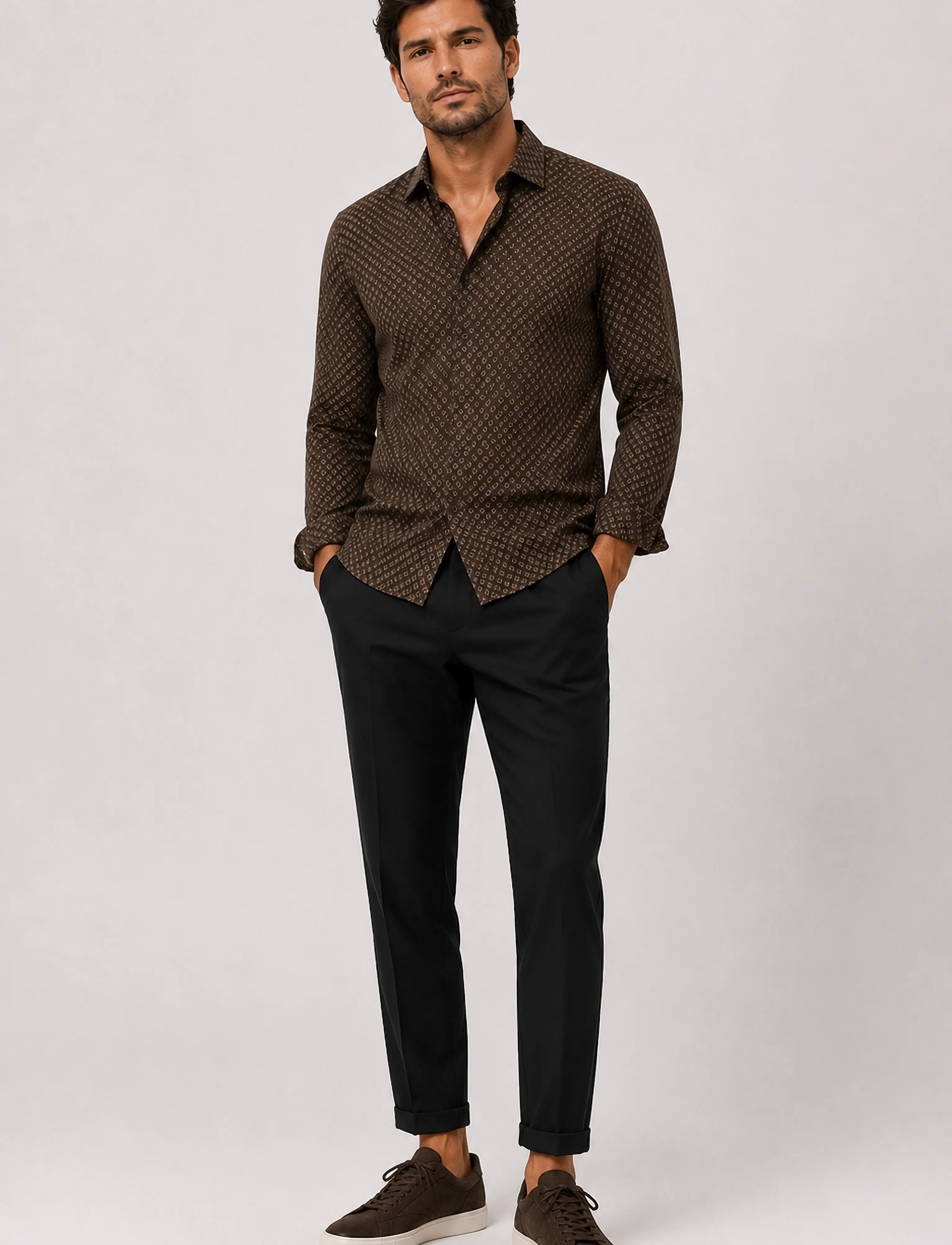 Clean Cut Copenhagen Emil AOP stretch shirt - Riided - DARK BROWN/ECRU / brown