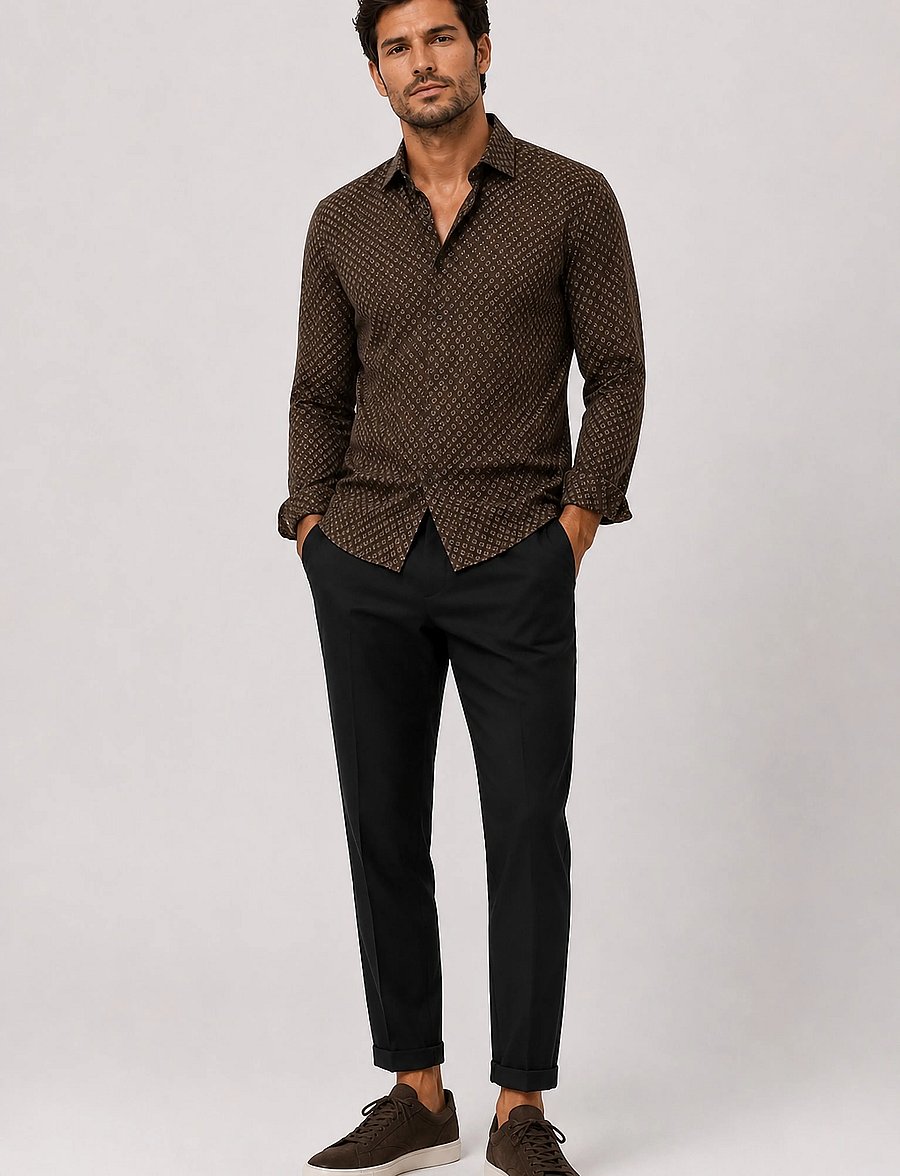 Clean Cut Copenhagen - Emil AOP stretch shirt - mustriga särgid - dark brown/ecru - 0