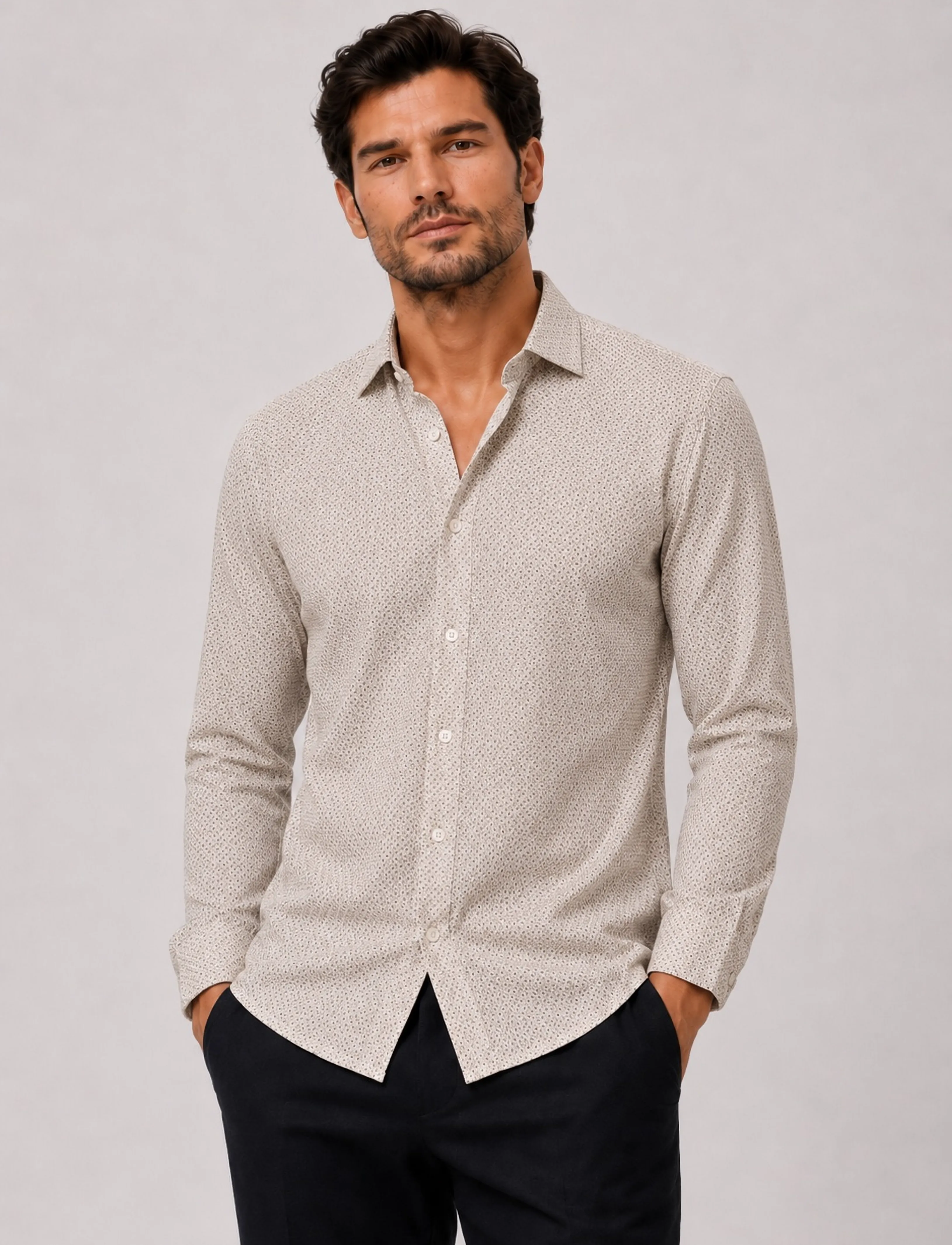 Clean Cut Copenhagen Emil AOP stretch shirt - Clean Cut Copenhagen - ECRU/BRINDLE BEIGE / beige