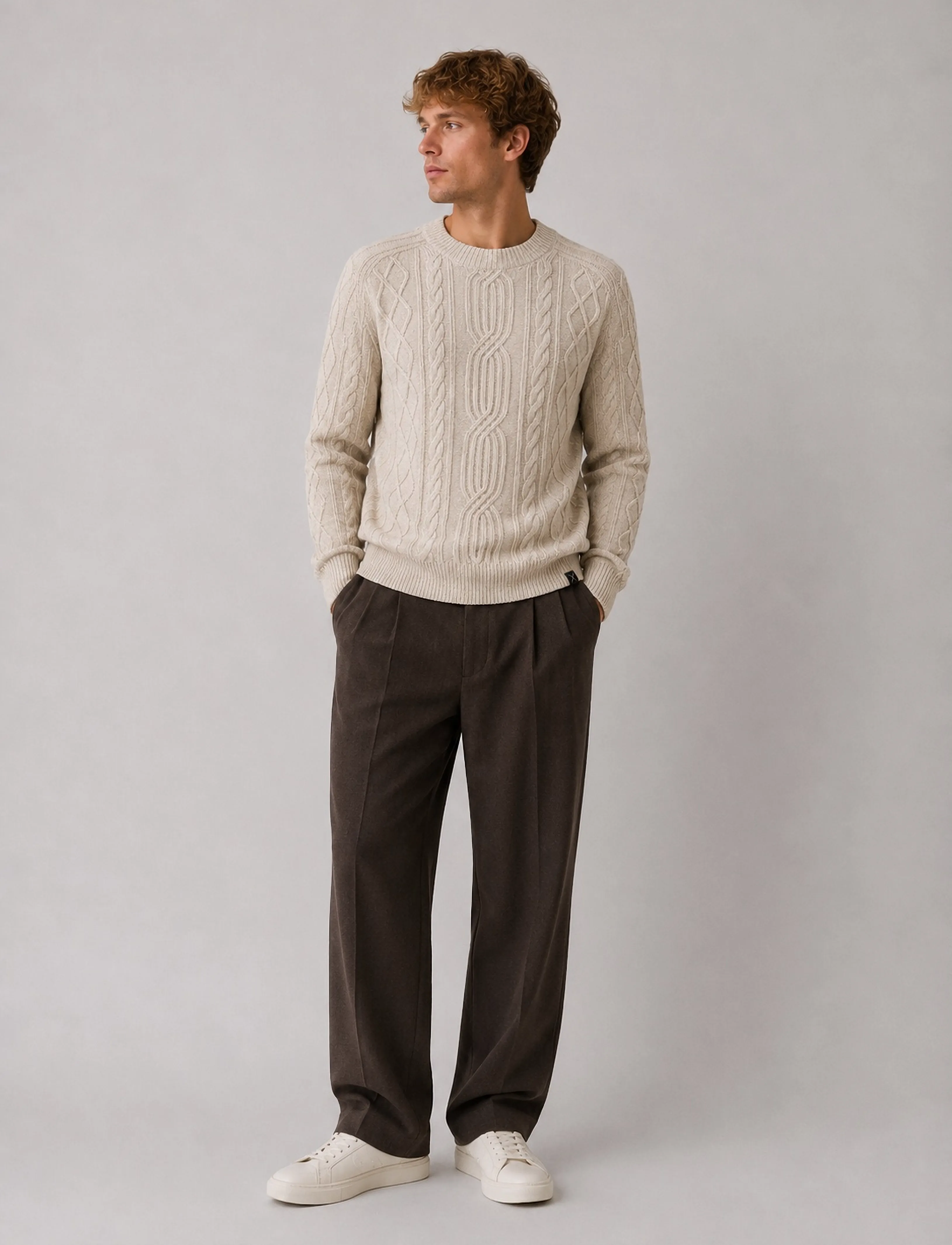 Clean Cut Copenhagen - Sander cable knit - round necks - ecru melange - 0