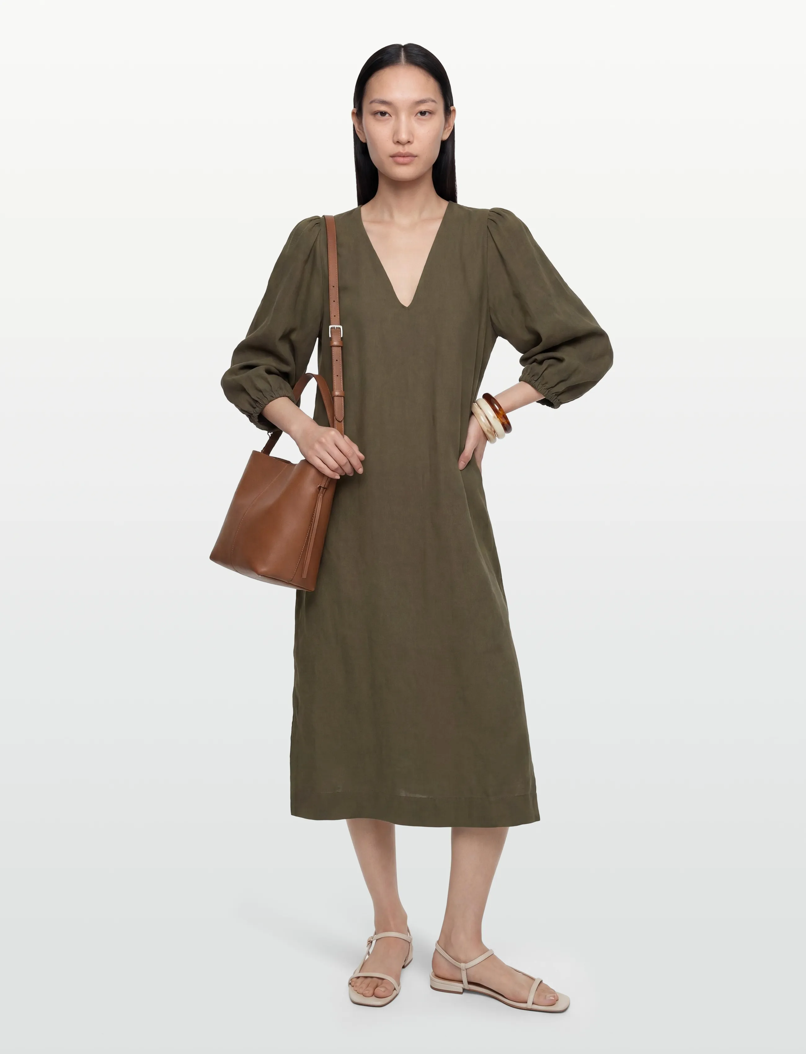 Closed Puff Sleeve Dress Army Green, XXS, Designer, Khakigrün - Maxi Dress, Frauen