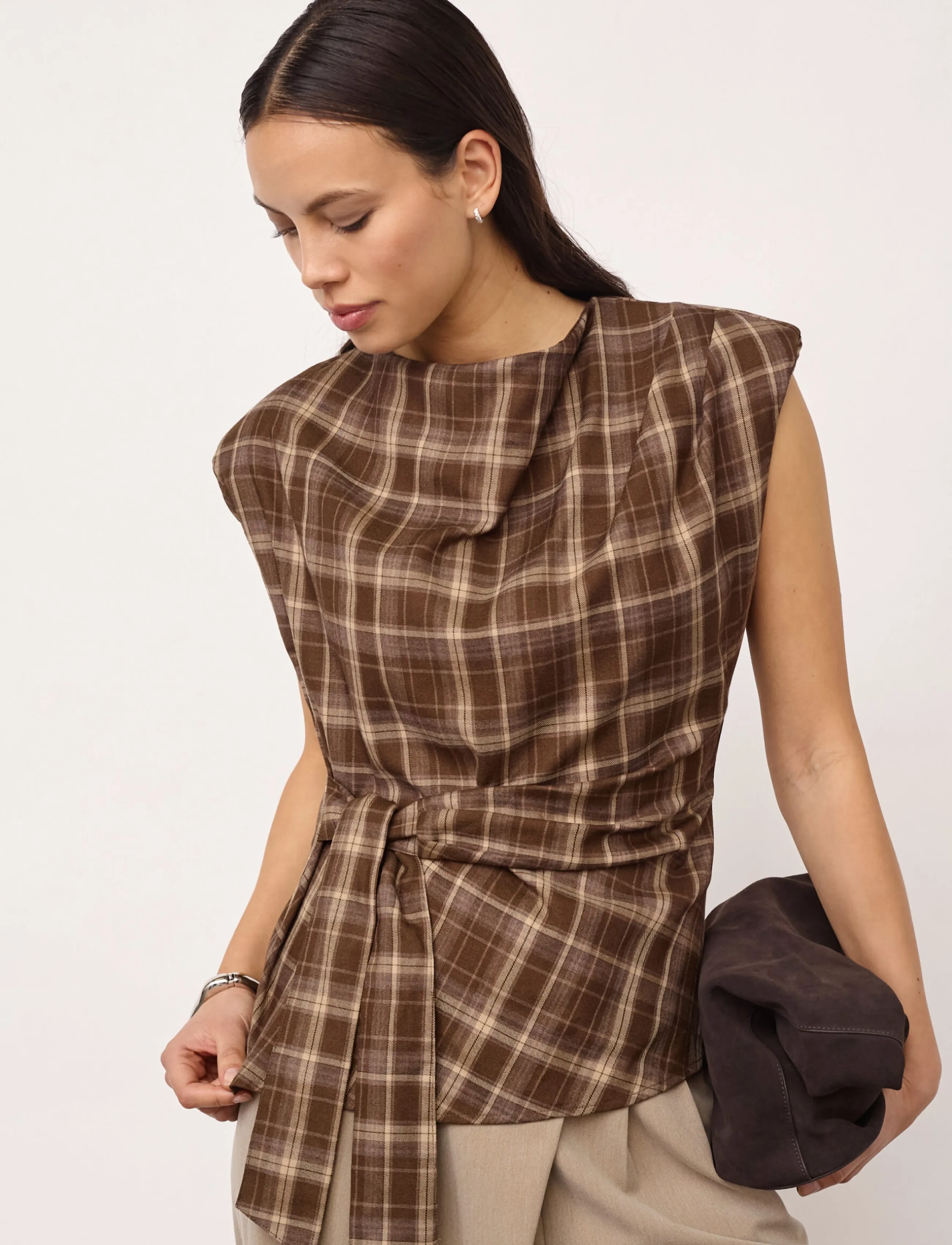 Co' Couture Dagnycc Check Pleat Top, XS, T-shirts & Oberteile, Braun - Sleeveless, Frauen