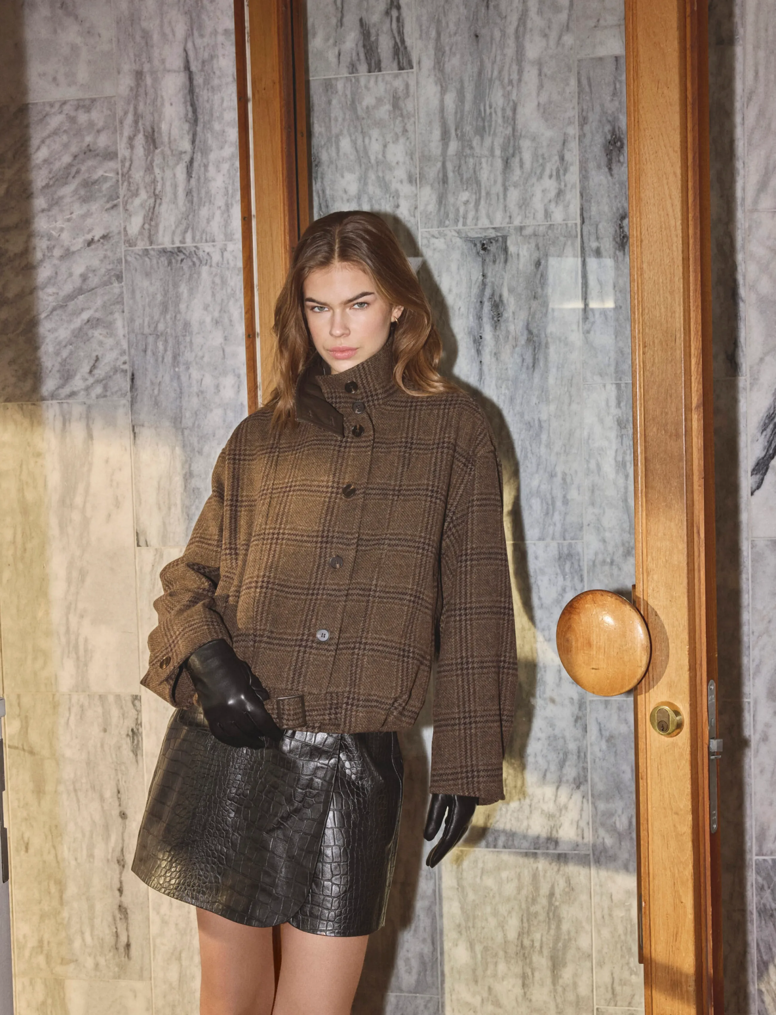 Co' Couture OlvaCC Check Balloon Jacket - Transitional Layering - DARK BROWN / brown