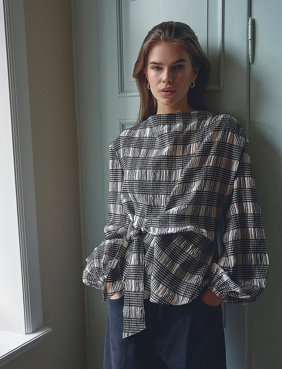Co' Couture - ChandlerCC Check Tie Blouse - langærmede bluser - bone - 0