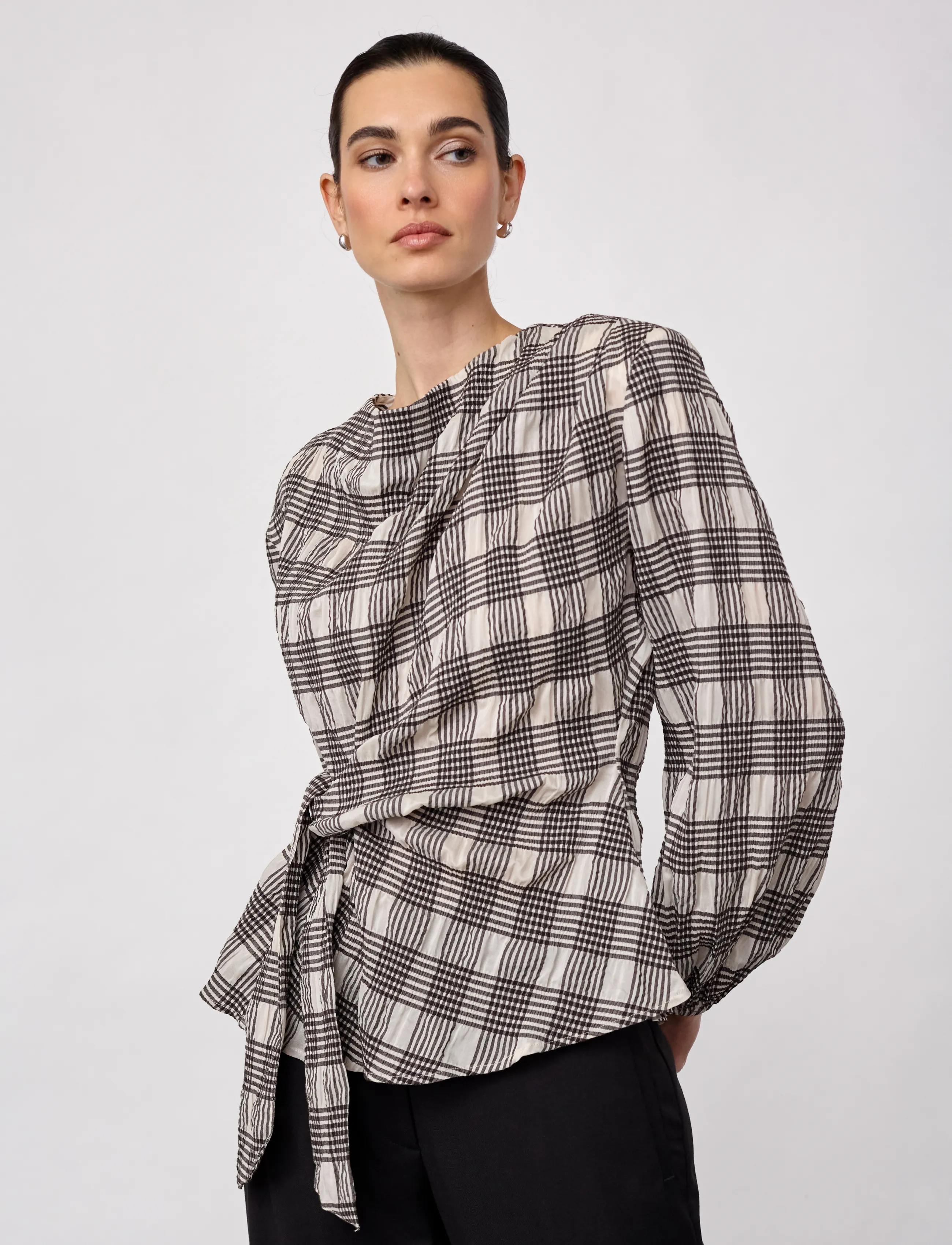 Co' Couture - ChandlerCC Check Tie Blouse - langærmede bluser - bone - 3