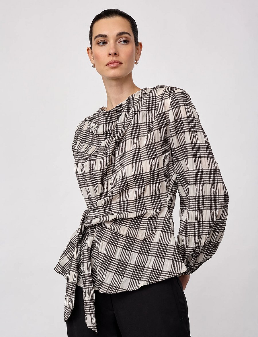 Co' Couture - ChandlerCC Check Tie Blouse - langærmede bluser - bone - 3