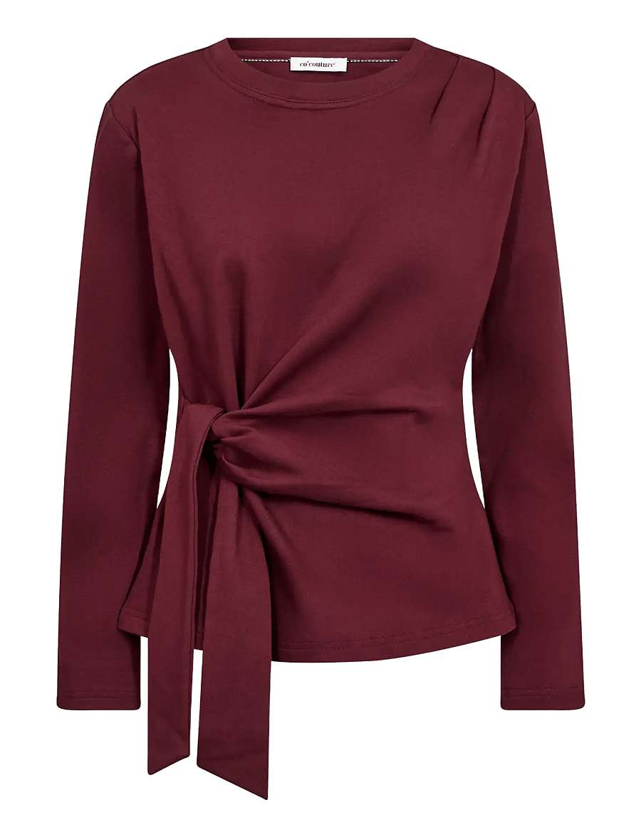 Co' Couture - OrianeCC LS Pleat Tie Tee - langärmelige blusen - wine red - 1