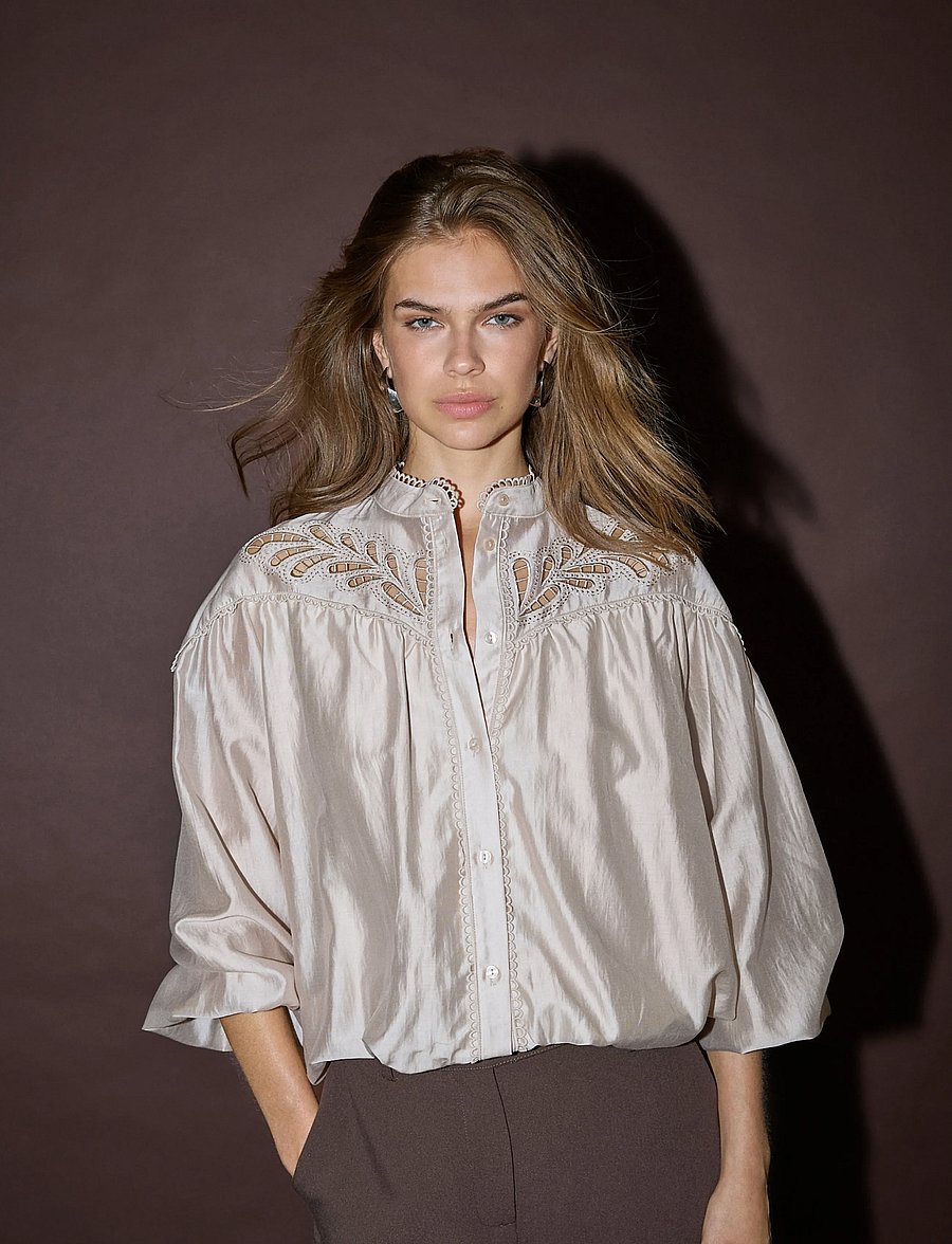 Co' Couture - MelinCC Balloon Lace Shirt - langärmelige blusen - champagne - 0