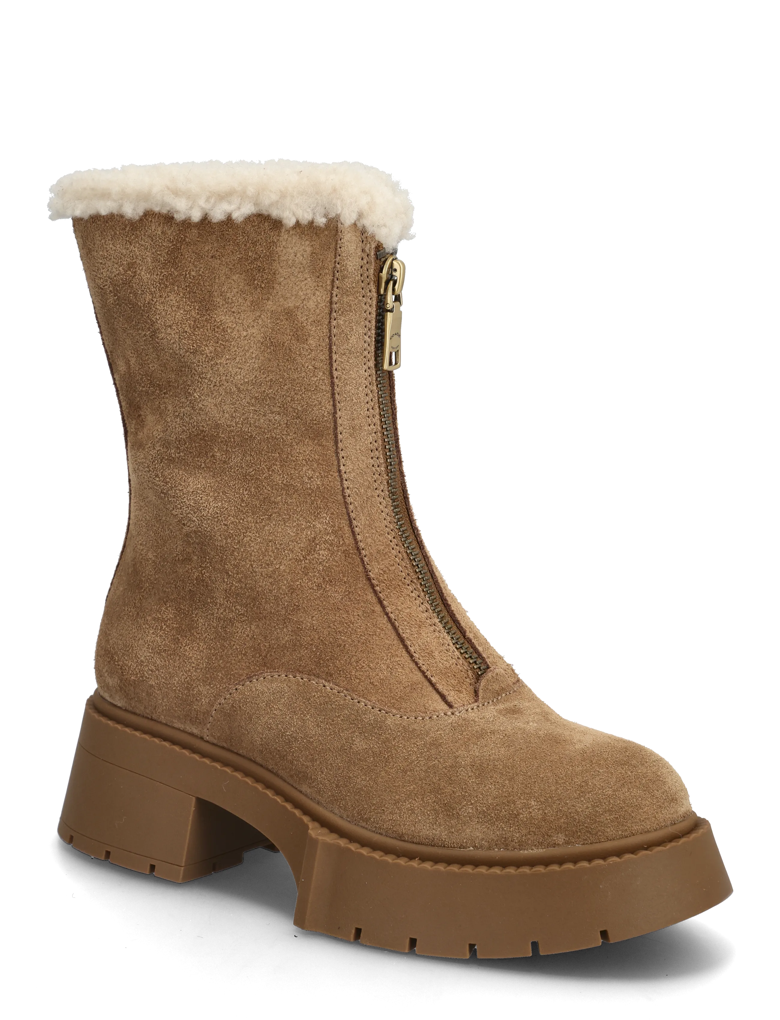 Coach Leah Platform Shearling Zip Bootie, 39.5, Ankle Boots, Braun - Boots With Heel, Frauen