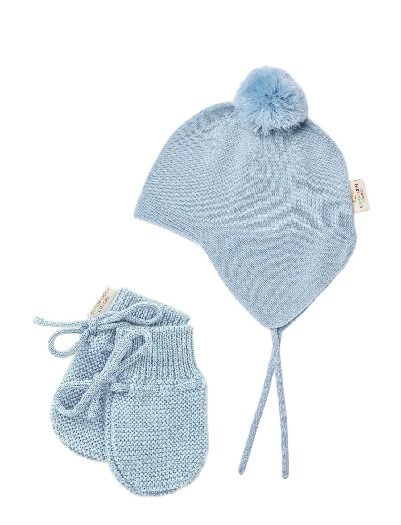 Copenhagen Colors Merino Knitted Baby Bonnet w. PomPom + Baby Mittens - Handskar - DUSTY BLUE / blue