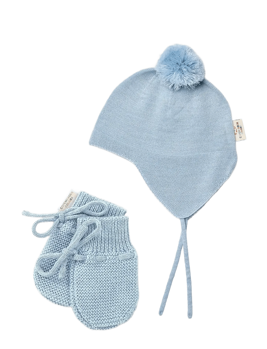 Copenhagen Colors - Merino Knitted Baby Bonnet w. PomPom + Baby Mittens - dusty blue - 0