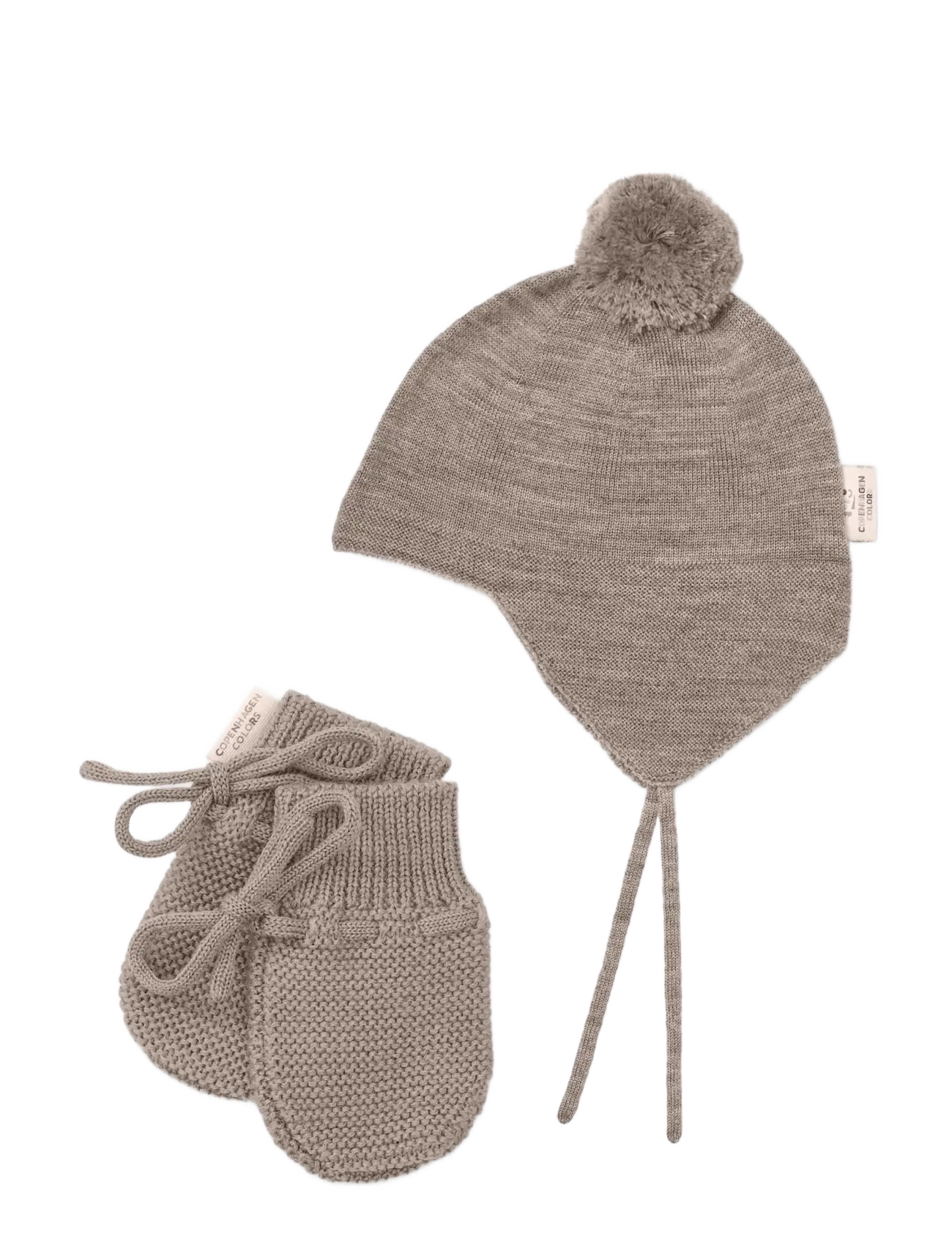 Copenhagen Colors Merino Knitted Baby Bonnet w. PomPom + Baby Mittens - Handskar - NATURAL MELANGE / beige