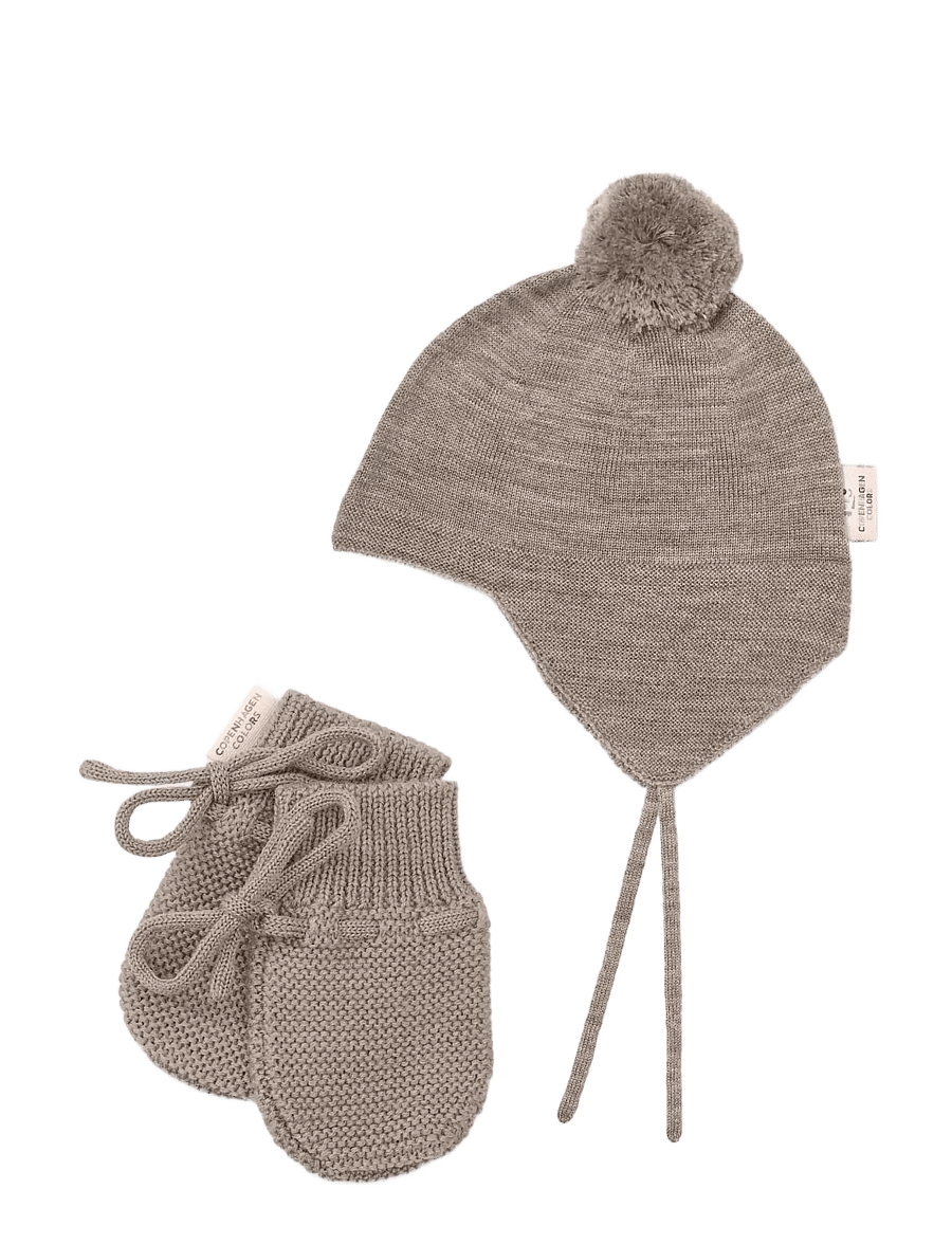 Copenhagen Colors - Merino Knitted Baby Bonnet w. PomPom + Baby Mittens - baby-handschuhe - natural melange - 0