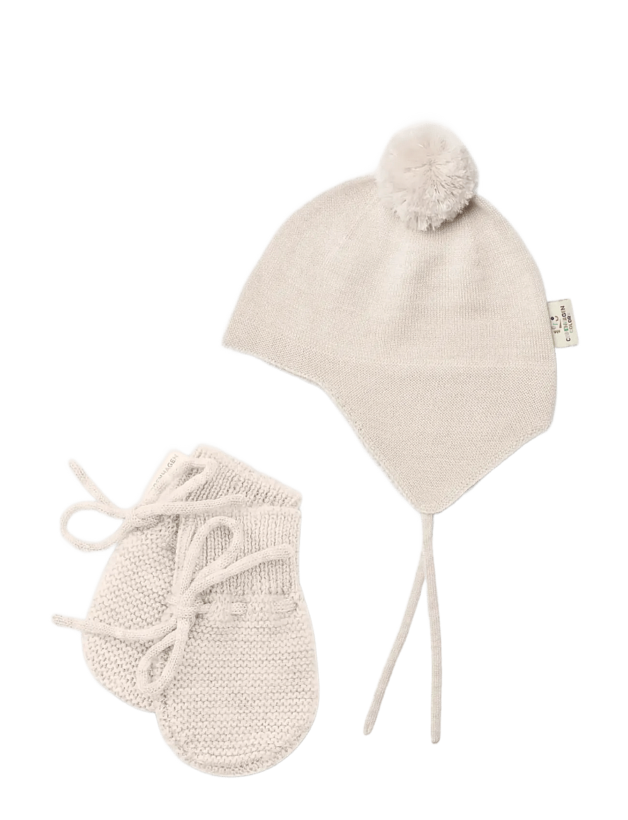 Copenhagen Colors - Merino Knitted Baby Bonnet w. PomPom + Baby Mittens - baby-handschuhe - pale cream melange - 0