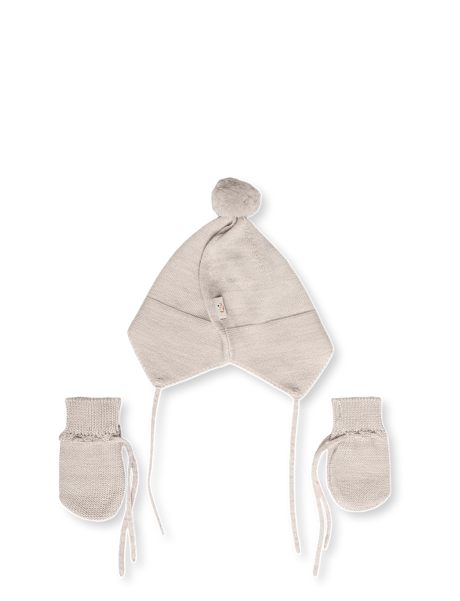 Copenhagen Colors - Merino Knitted Baby Bonnet w. PomPom + Baby Mittens - baby-handschuhe - pale cream melange - 1
