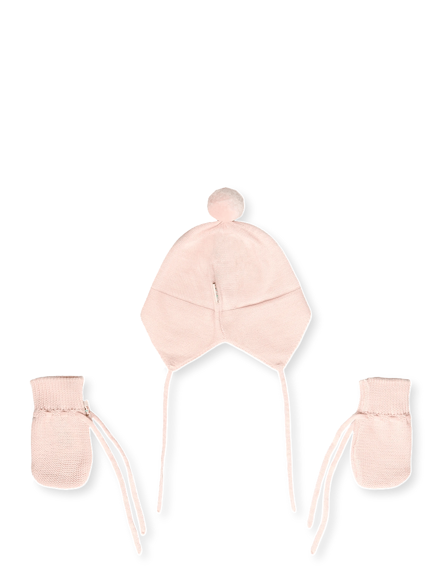 Copenhagen Colors - Merino Knitted Baby Bonnet w. PomPom + Baby Mittens - baby-handschuhe - soft pink - 1