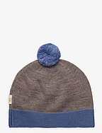 KNITTED BEANIE WITH POMPOM - NATURAL MELANGE/ BLUE COMB.