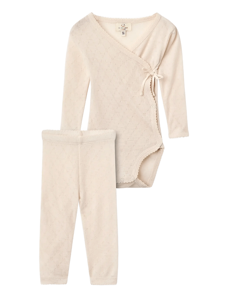 Copenhagen Colors - 2-Pack LT. Knitted Pointelle Cross-Over Body W. Picot Edge + Pointelle Leggings W Picot Edge - pikkade varrukatega bodid - cream - 0