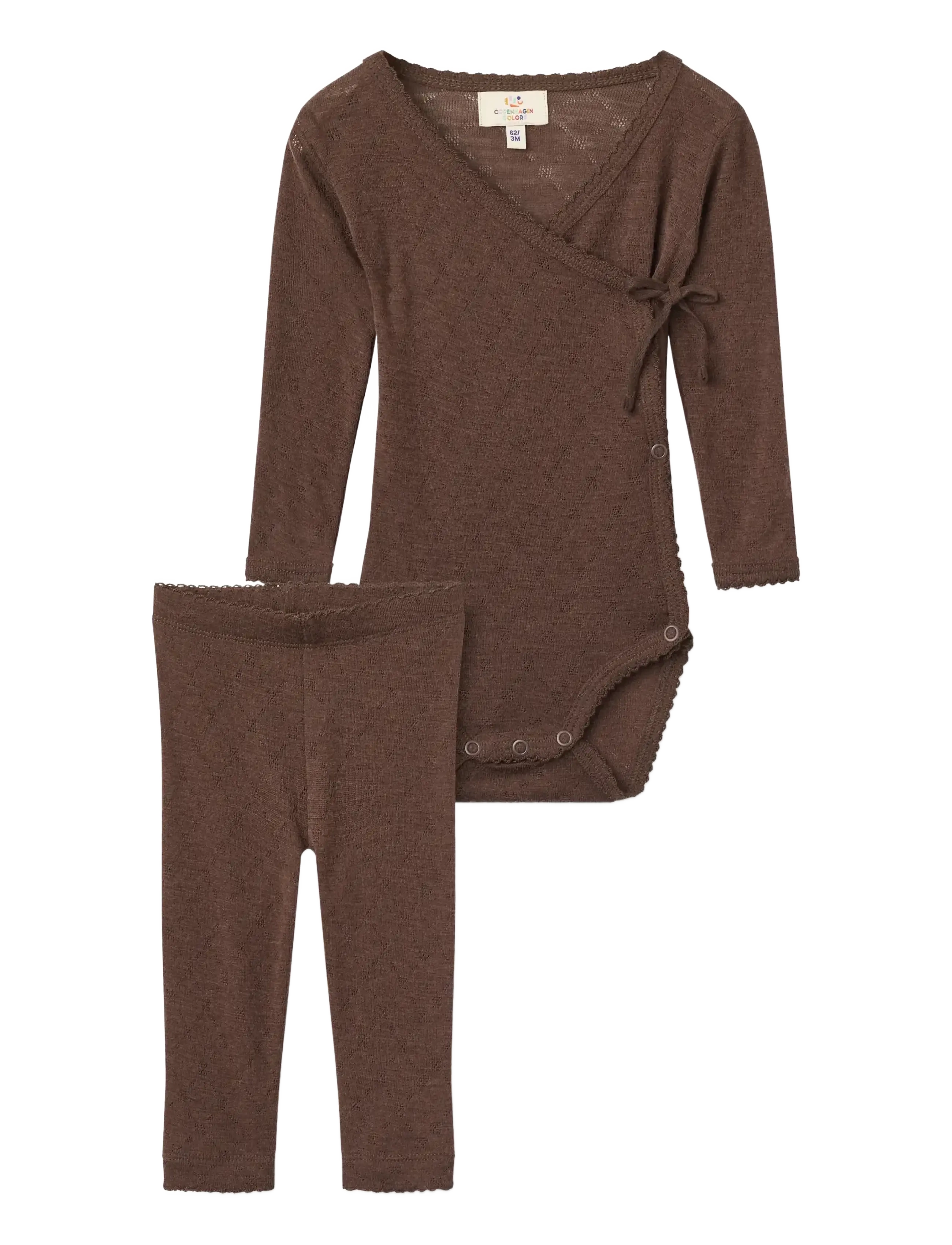 Copenhagen Colors 2-Pack LT. Knitted Pointelle Cross-Over Body W. Picot Edge + Pointelle Leggings W Picot Edge - Baby 44-92 - DK BROWN / brown