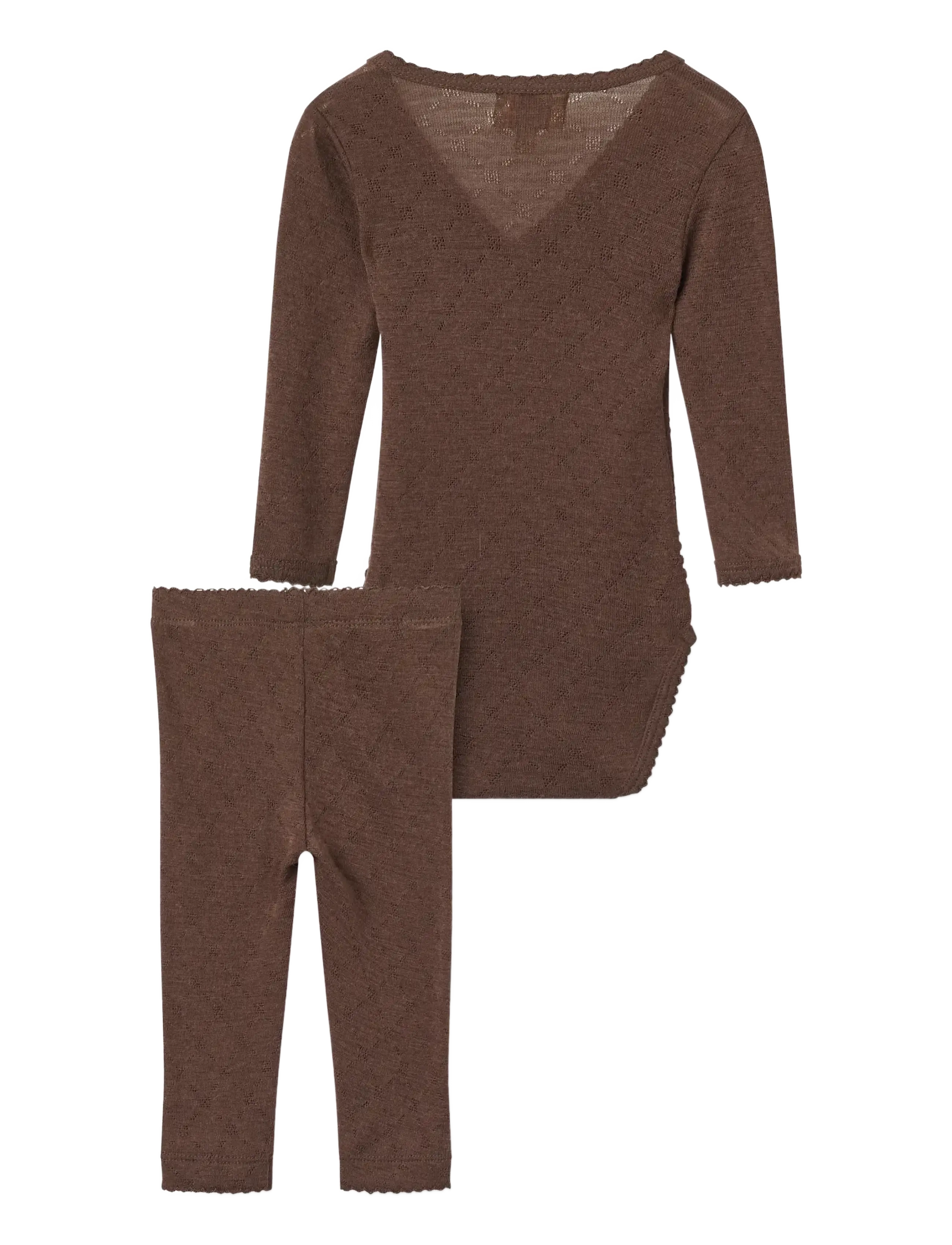 Copenhagen Colors - 2-Pack LT. Knitted Pointelle Cross-Over Body W. Picot Edge + Pointelle Leggings W Picot Edge - långärmade bodies - dk brown - 1