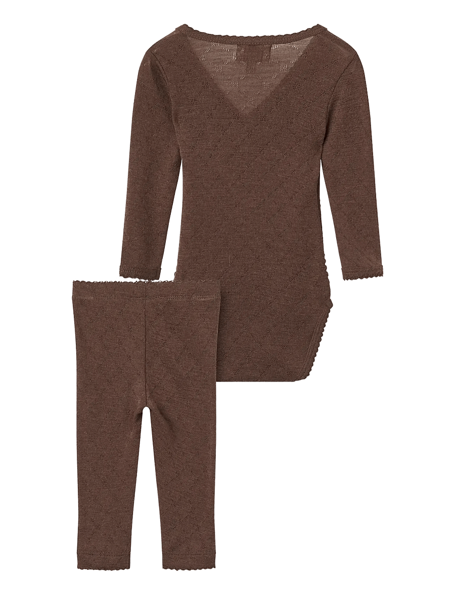 Copenhagen Colors - 2-Pack LT. Knitted Pointelle Cross-Over Body W. Picot Edge + Pointelle Leggings W Picot Edge - långärmade bodies - dk brown - 1