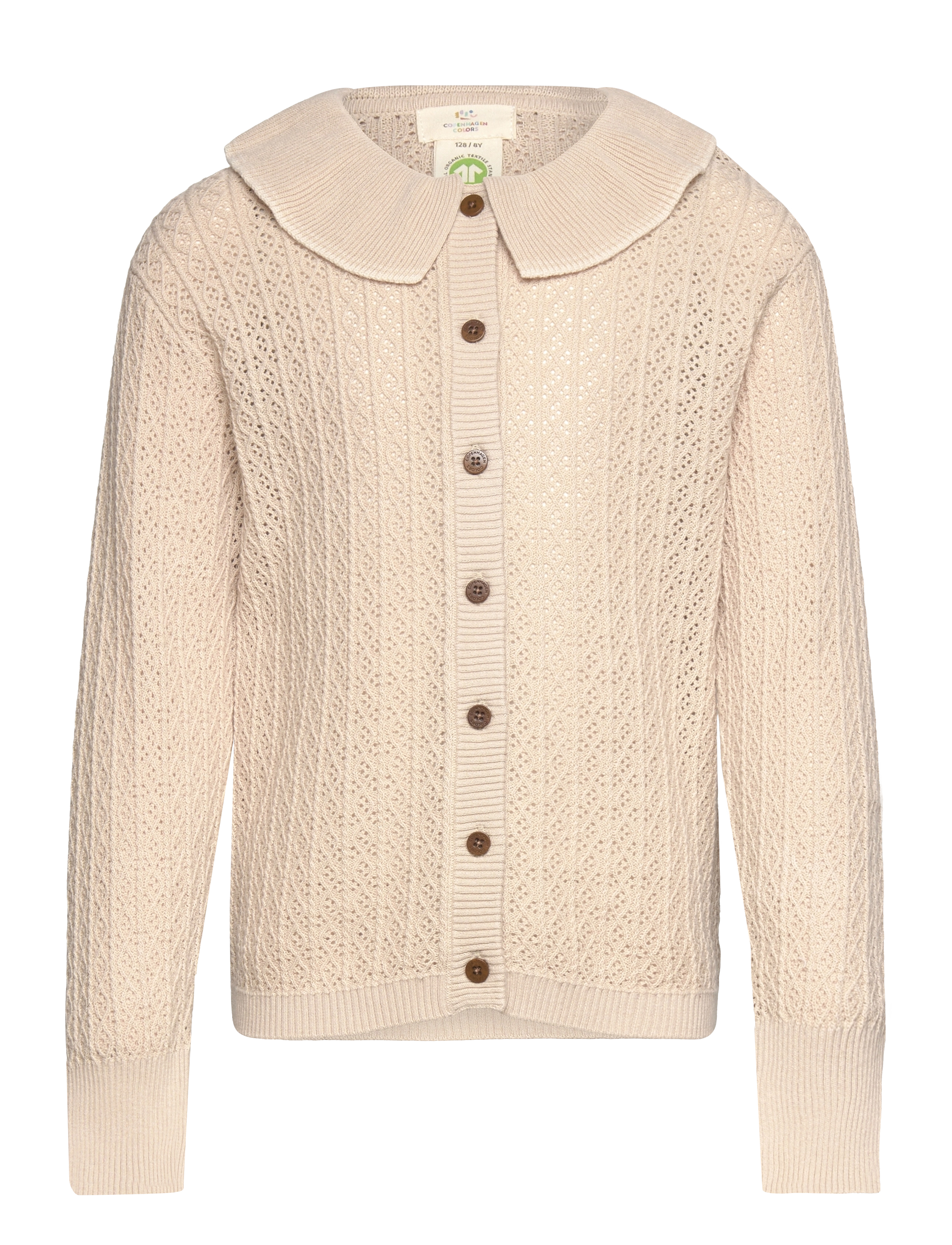 POINTELLE KNITTED CABLE CARDIGAN W. COLLAR - SAND/CREAM COMB.
