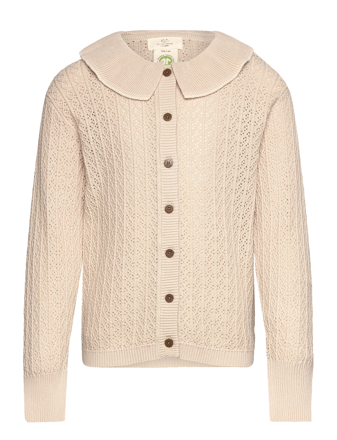 POINTELLE KNITTED CABLE CARDIGAN W. COLLAR - SAND/CREAM COMB.