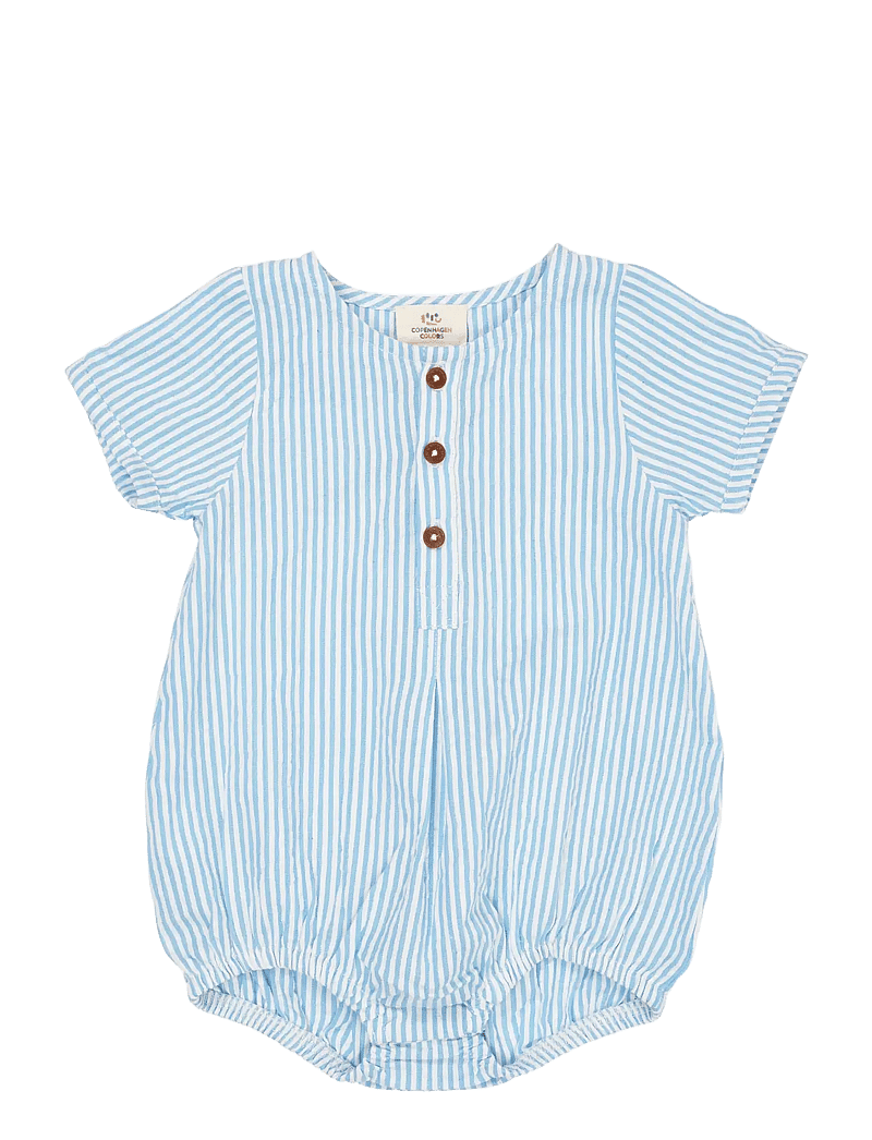 Copenhagen Colors - SEERSUCKER ROMPER W. SLEEVES - short-sleeved - sky blue w cream stripe - 1