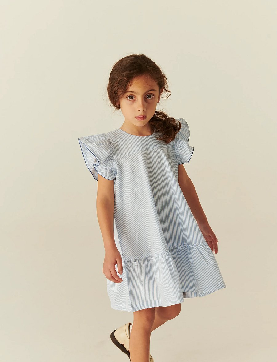 Copenhagen Colors - SEERSUCKER DRESS W. FRILL SLEEVES - robes décontractées à manches courtes - sky blue w cream stripe w ocean blue - 4