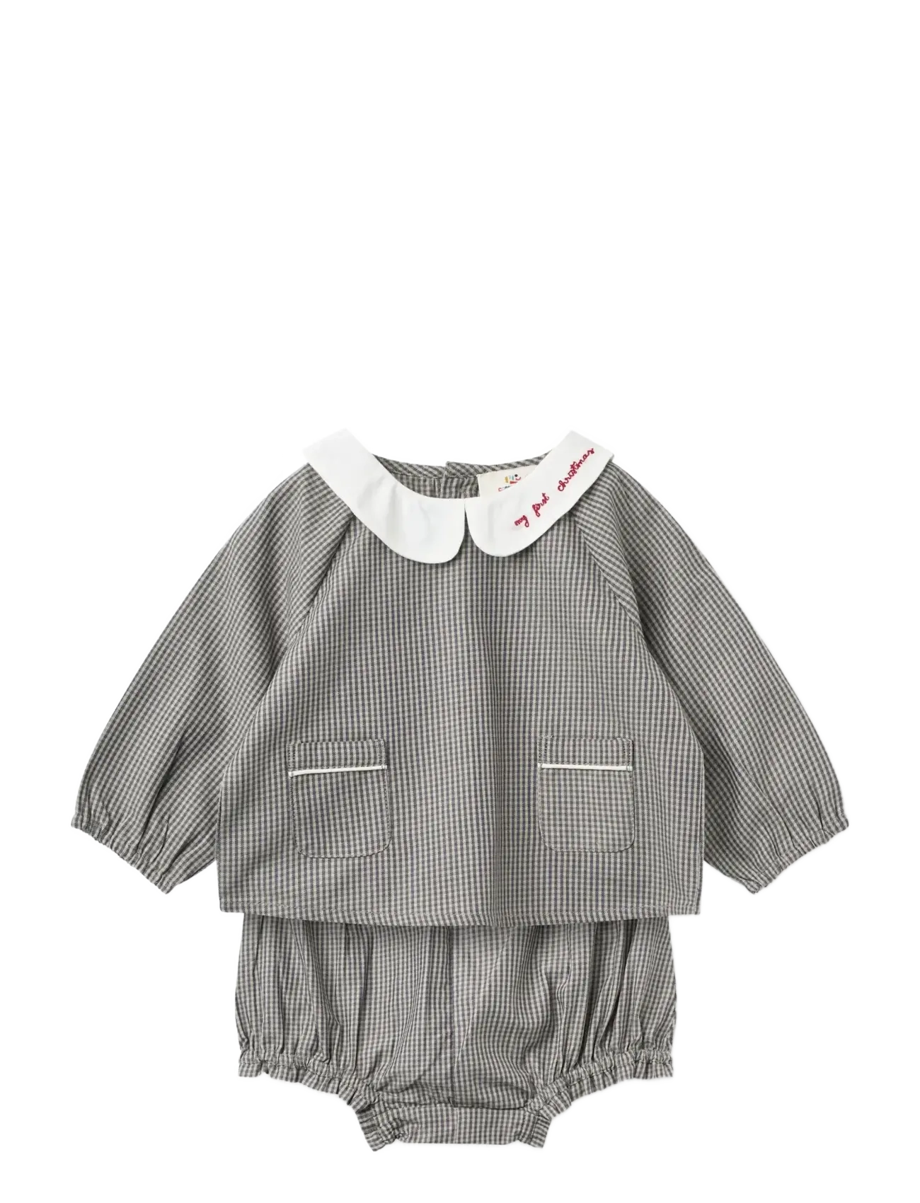 Copenhagen Colors Checkered Emb. Baby Set w. Blouse and Bloomers - Kleidung - GREY CHECK COMB. / grey