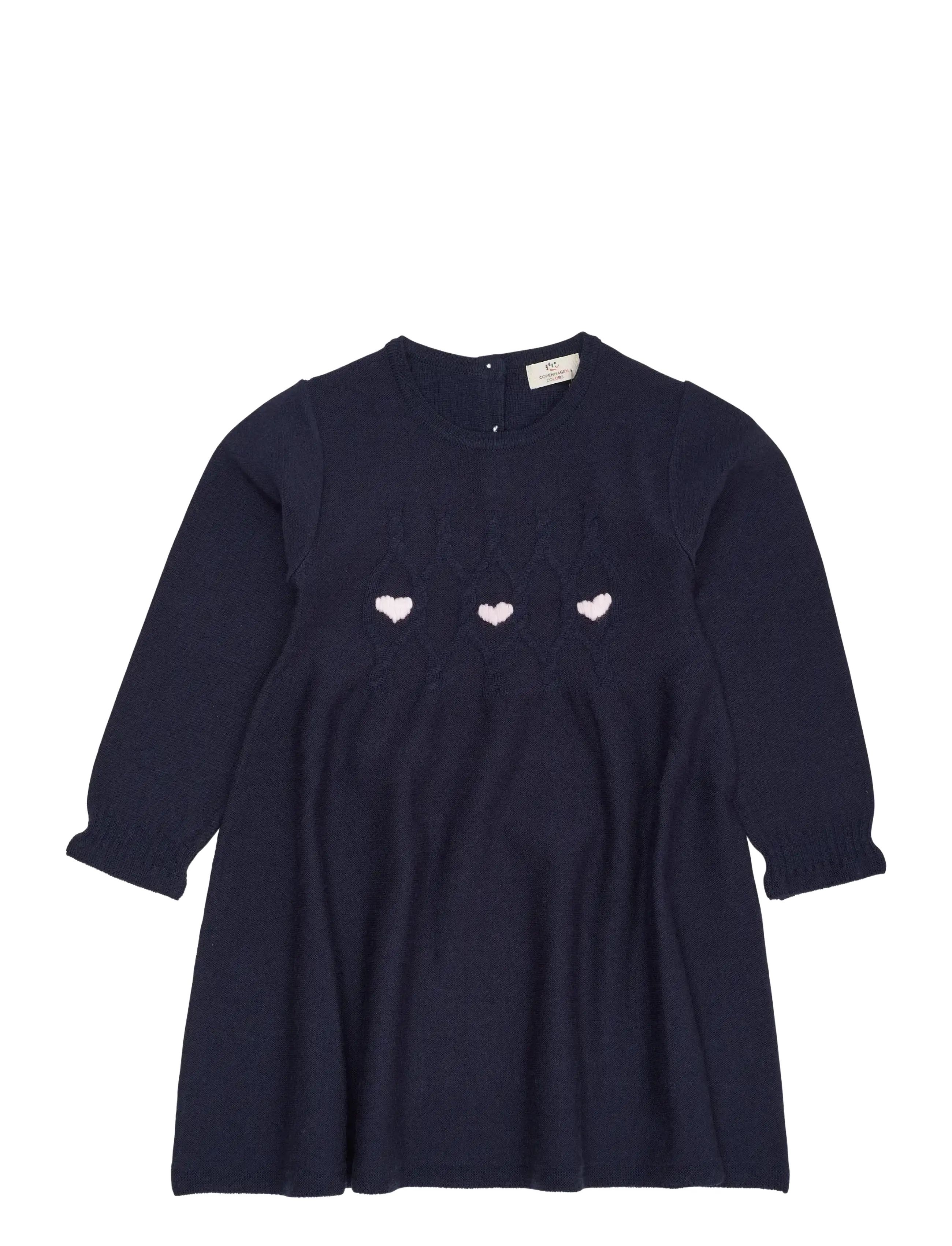 MERINO LS CABLE DRESS W. HEARTS - NAVY W. BUBBELGUM HEART