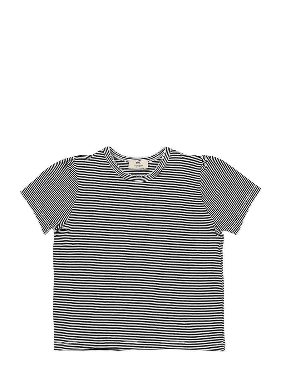 Copenhagen Colors - STRIPED T-SHIRT W. RUFFLE SLEEVES - kurzärmelige - navy/cream stripe - 0