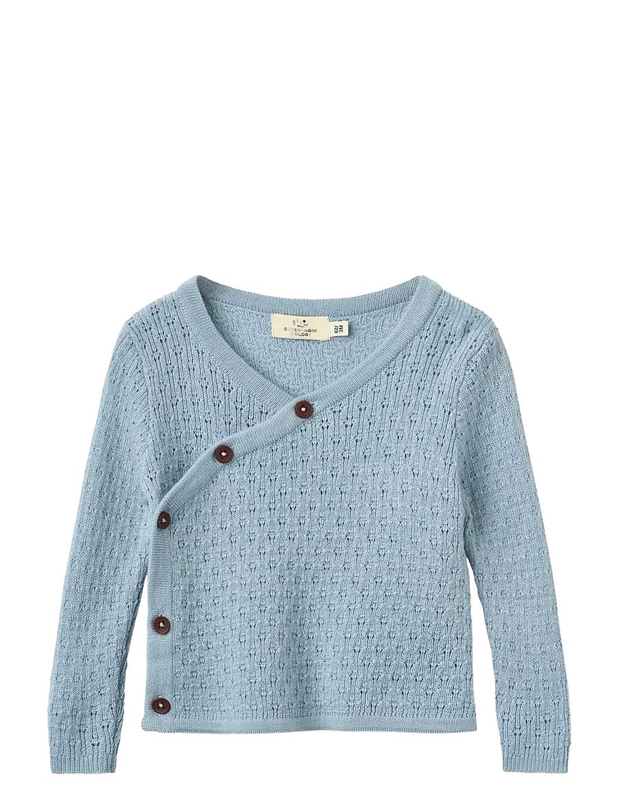 Copenhagen Colors - Merino Pattern Baby Cross-Over Cardigan - koftor - dusty blue - 1