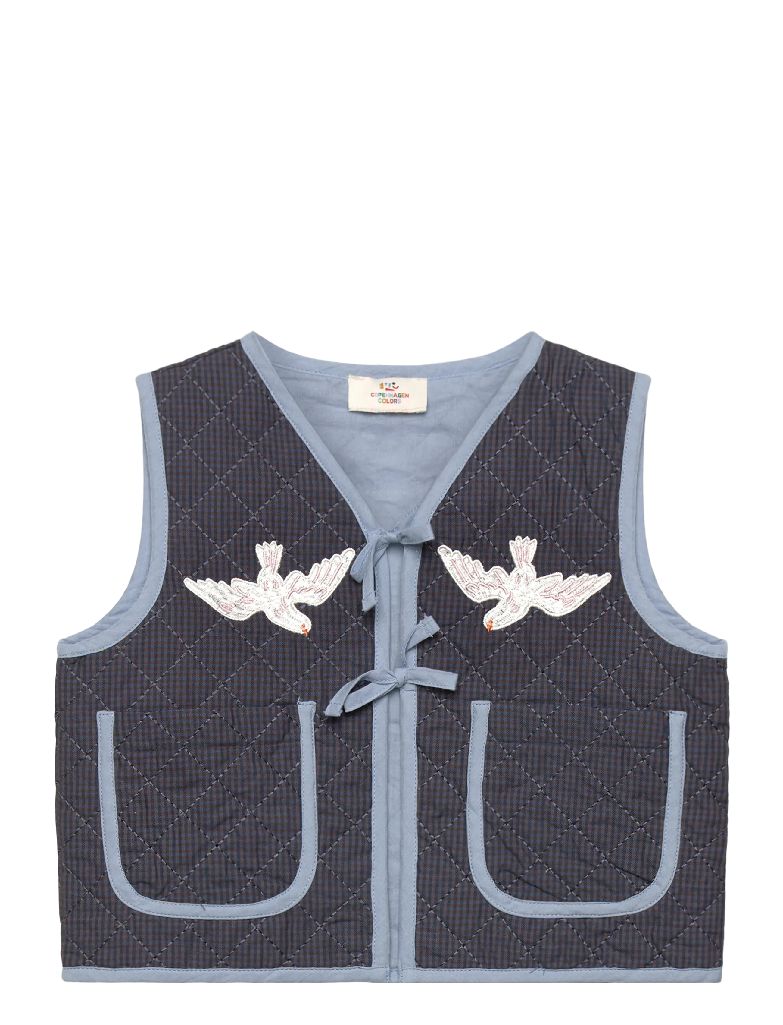 CHECKERED QUILTED VEST W. EMB. - BROWN BLUE CHECK COMB