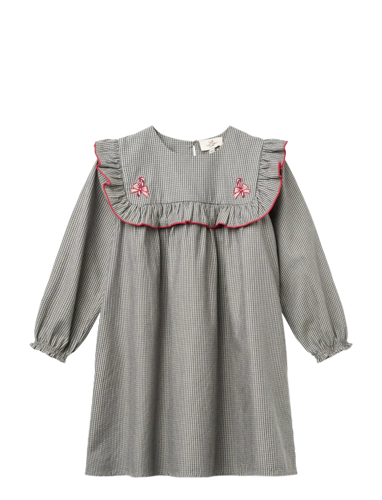 Copenhagen Colors Long-sleeved Dress with frill and emb. - Long-sleeved baby dresses - GREY CHECK COMB / grey