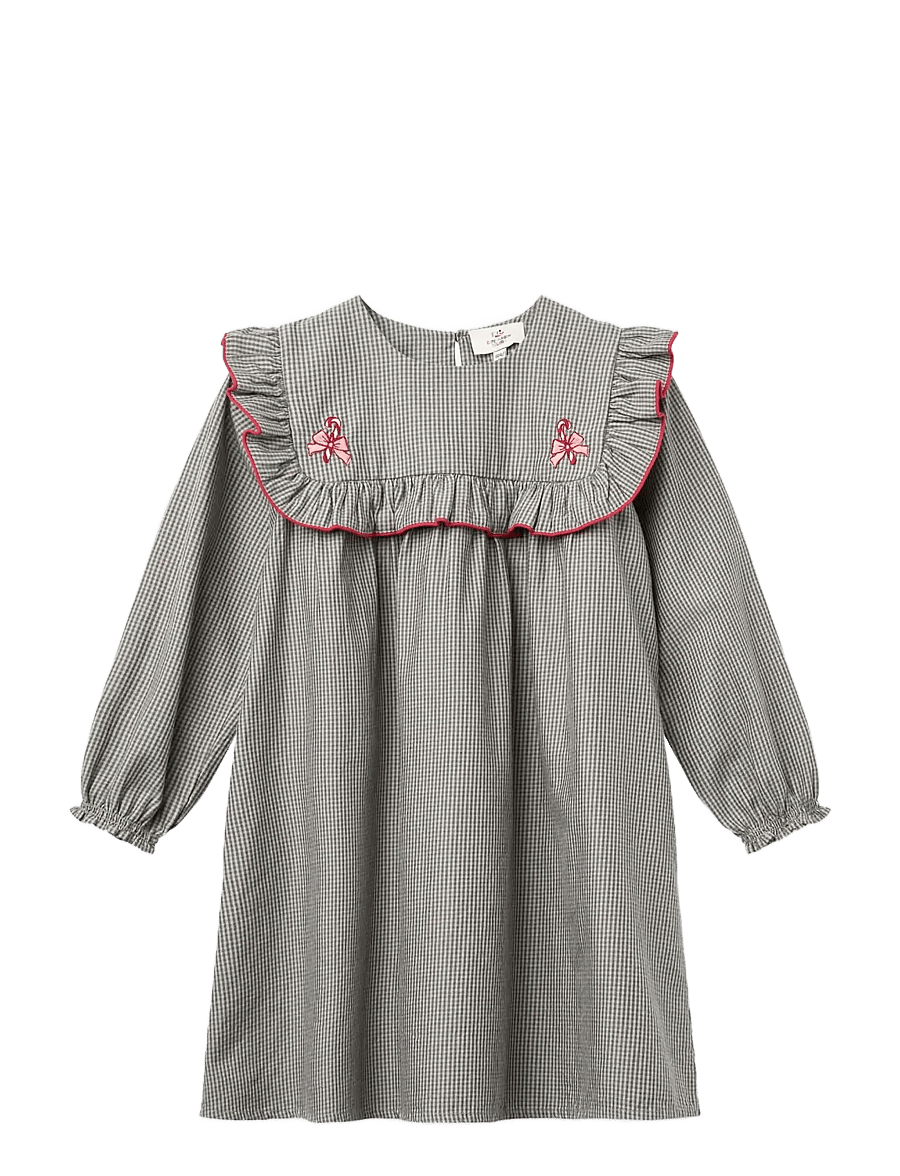 Copenhagen Colors - Long-sleeved Dress with frill and emb. - grey check comb - 0