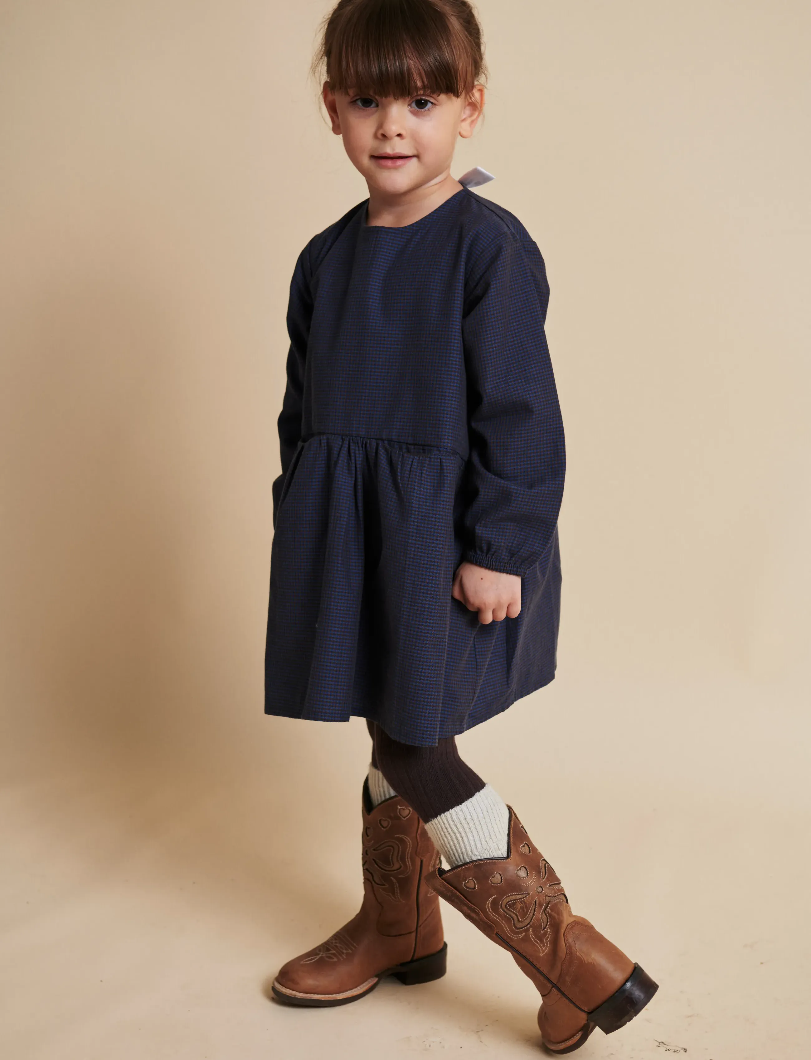 Copenhagen Colors Checkered Dress W. Backside Bow, 110, Casual Dresses, Marineblau - Long-sleeved Kinder