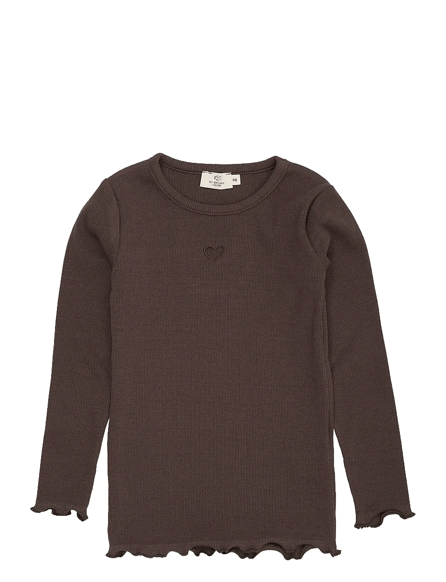 Copenhagen Colors - Modal Rib Ls Tee w. Heart Hole Pattern - pikkade varrukatega t-särgid - dk brown - 0