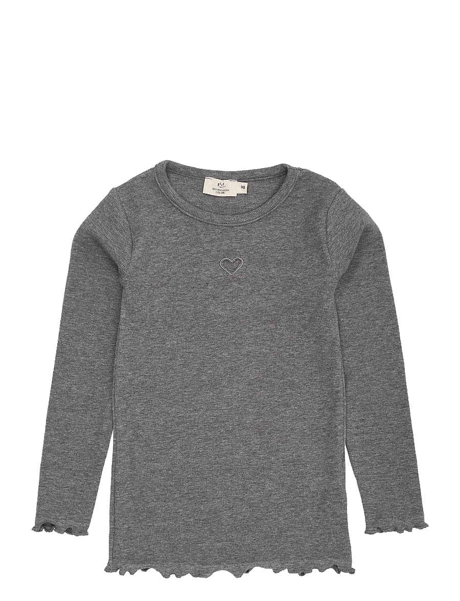 Copenhagen Colors - Modal Rib Ls Tee w. Heart Hole Pattern - långärmade t-shirts - grey mel. - 0