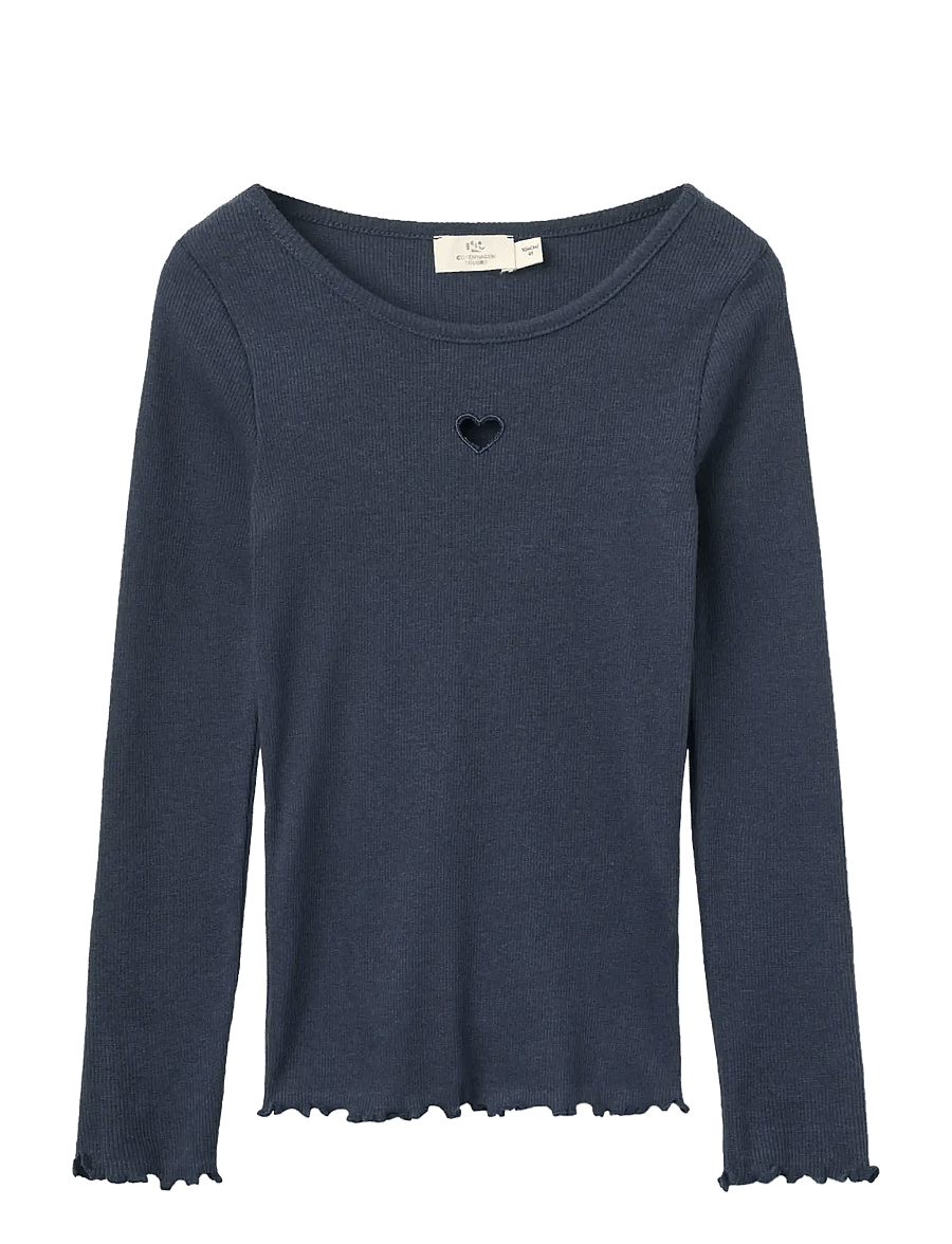 Copenhagen Colors - Modal Rib Ls Tee w. Heart Hole Pattern - langærmede t-shirts - navy - 0