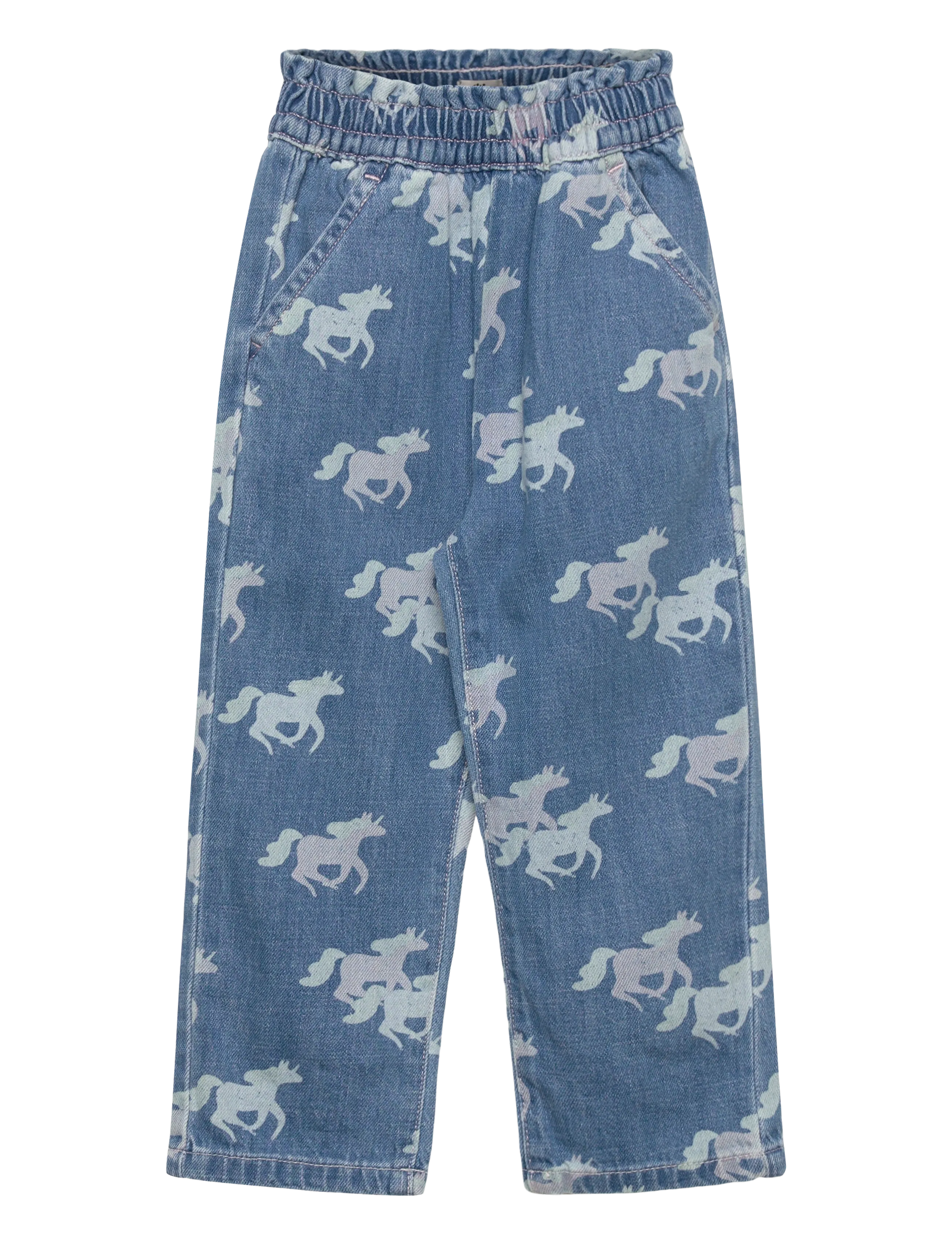 Copenhagen Colors ORGANIC PANTS W. FRILL WAIST & UNICORN PRINT - Tøj - INDIGO BLUE WASHED W UNICORN / blue
