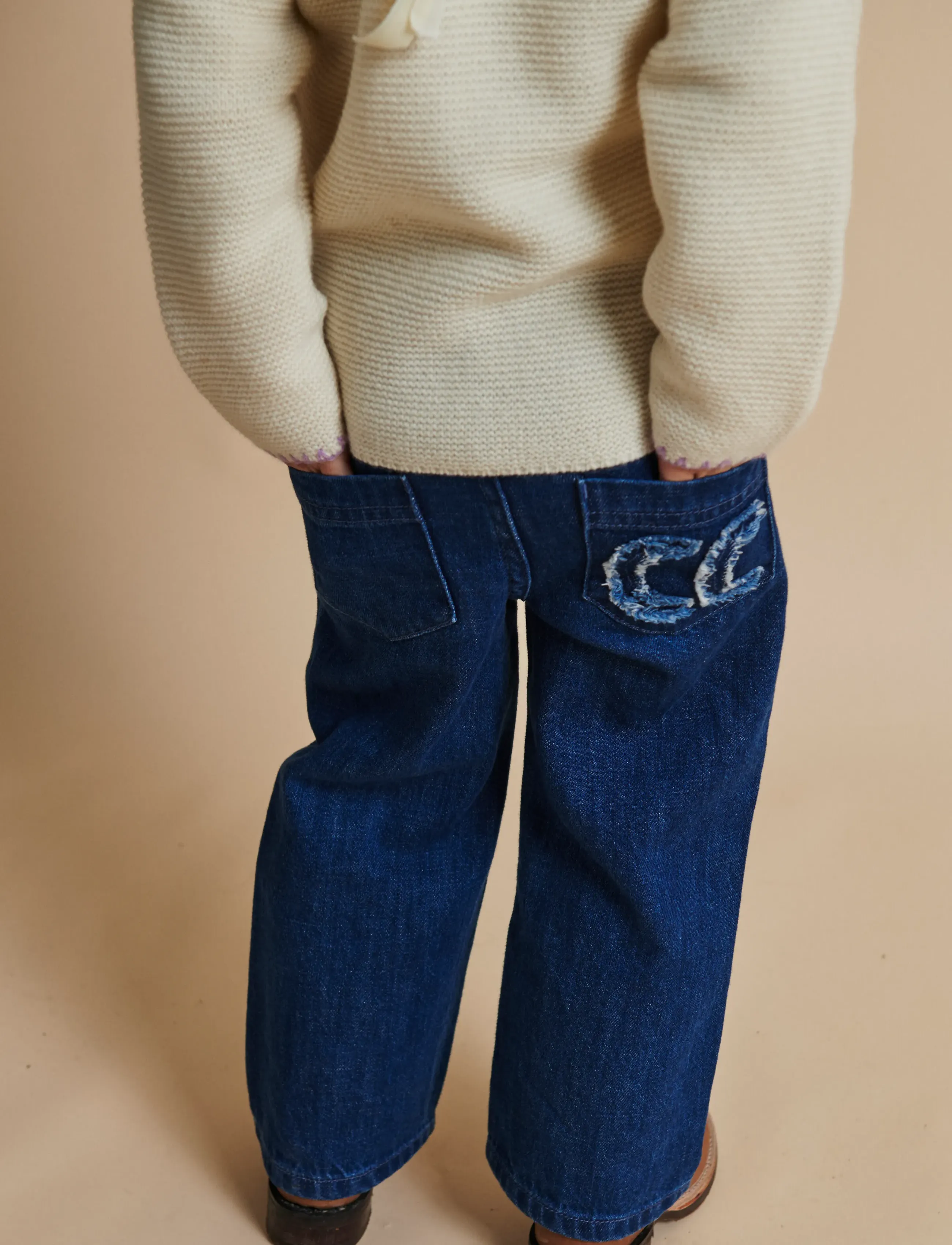 Copenhagen Colors ORGANIC DENIM PANTS W. POCKET EMBROIDERY & WIDE LEG - Underdele - DARK INDIGO BLUE WASHED / blue