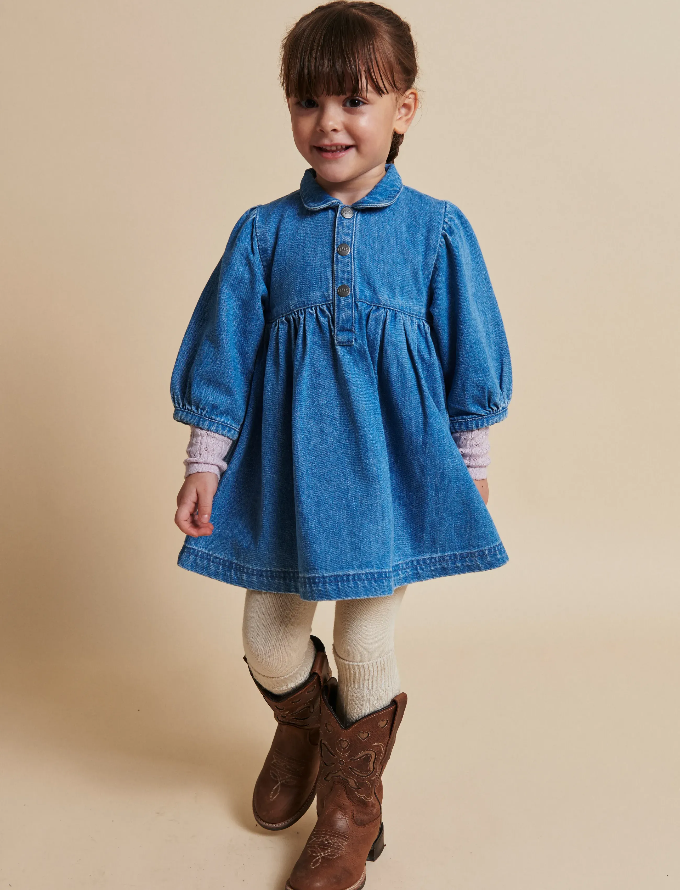 Copenhagen Colors Organic Denim Dress W. Puff Sleeves, 128, Casual Dresses, Blau - Long-sleeved Kinder