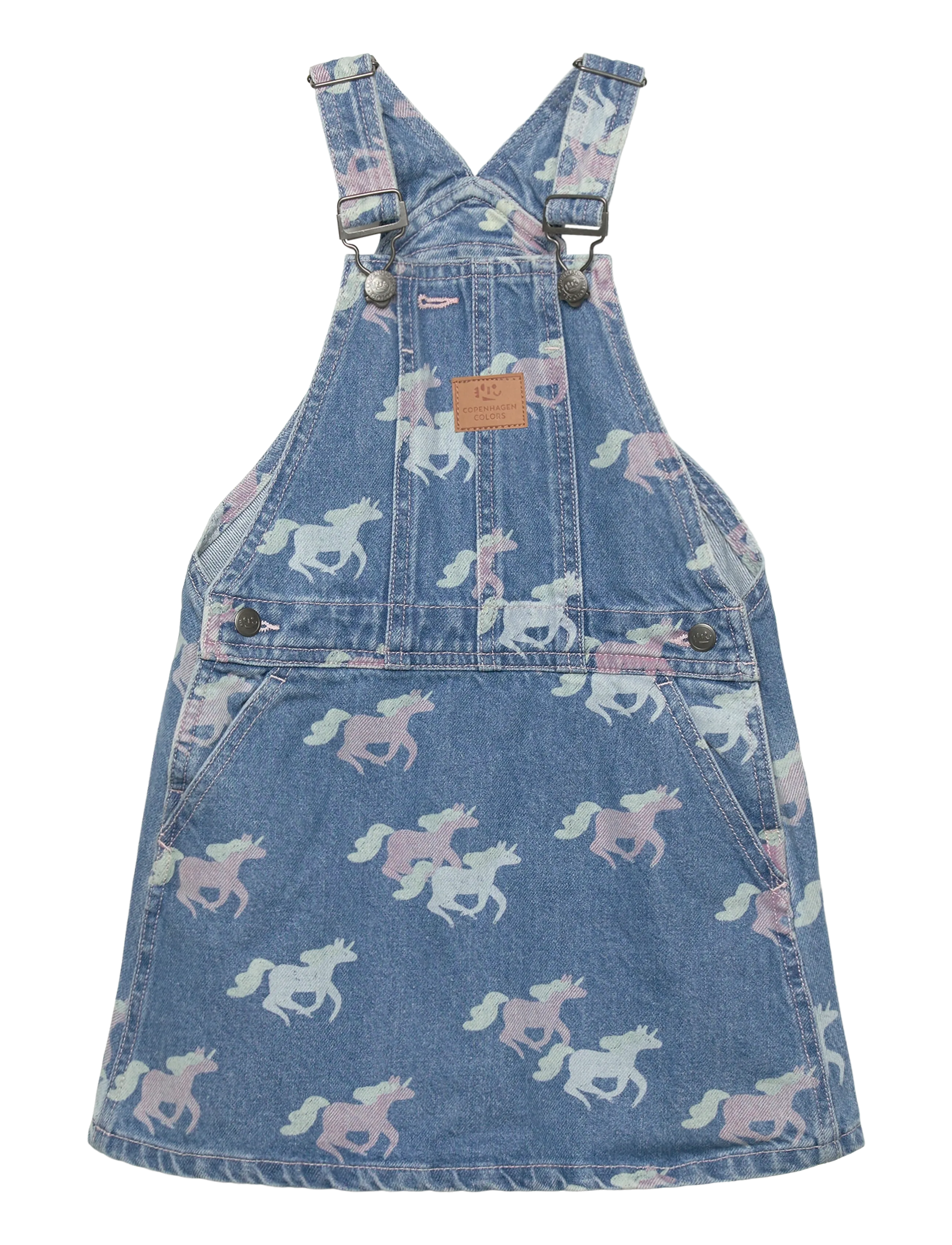Copenhagen Colors ORGANIC DENIM SPENCER DRESS W. UNICORN PRINT - Latzkleid - INDIGO BLUE WASHED W UNICORN / blue