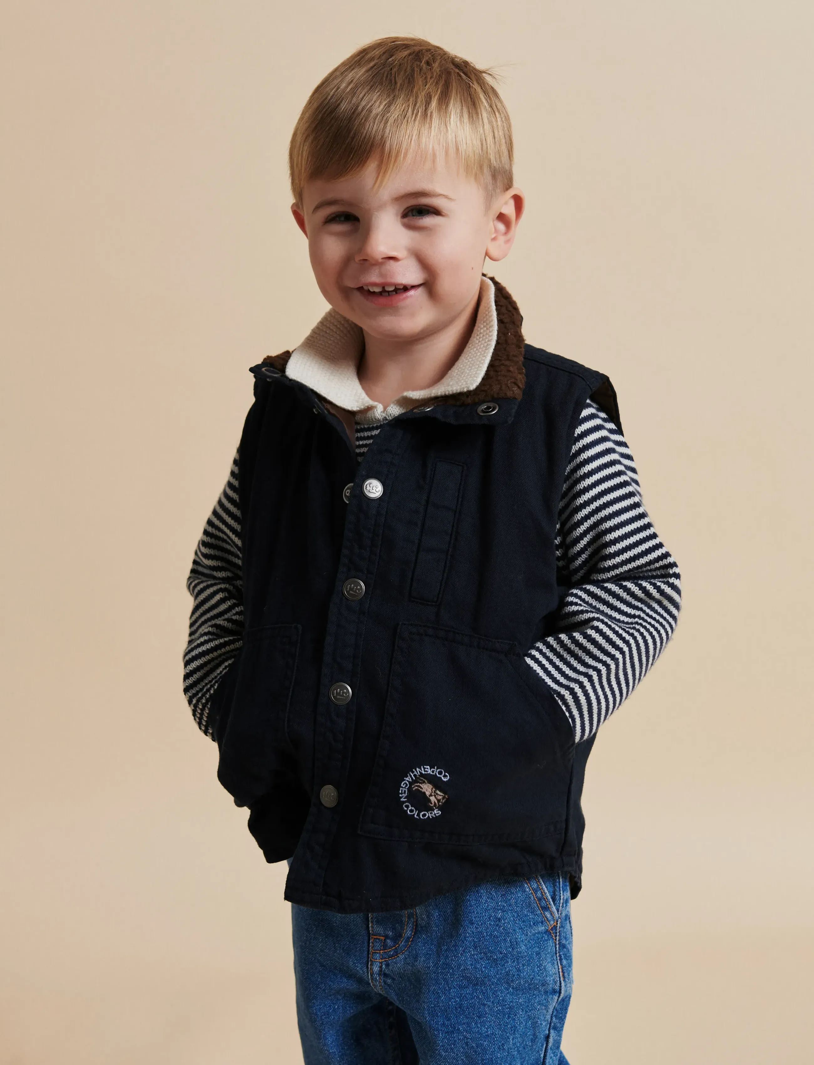 Copenhagen Colors Twill Vest W. Sherpa Collar, 86, Blue, Overtøj > Udendørs Veste, Børn