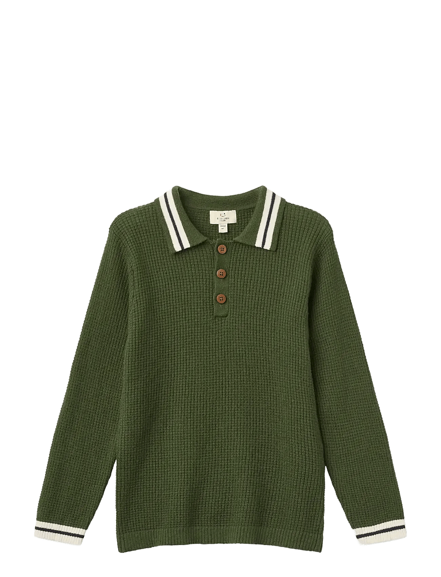 Copenhagen Colors - Long-Sleeved Knitted Waffle Polo - dk. green comb. - 1