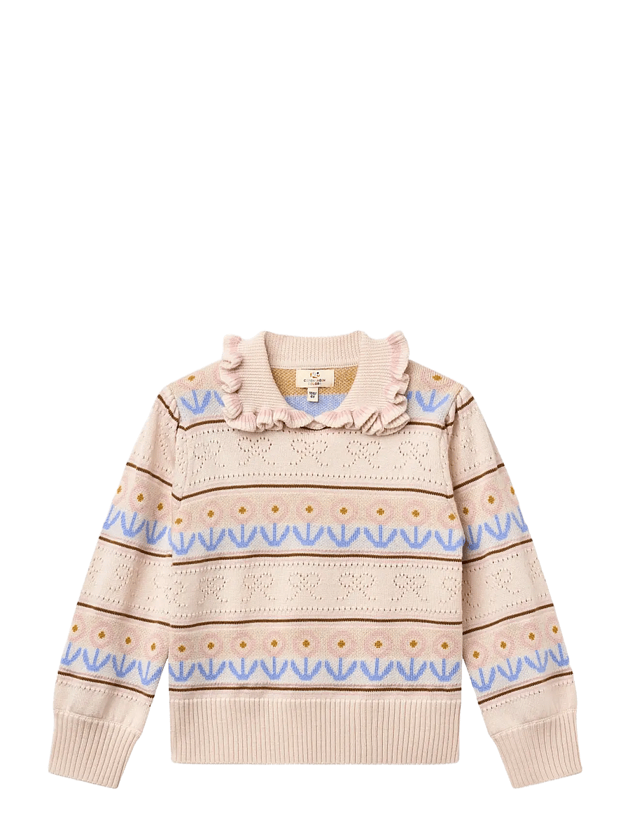 Copenhagen Colors - Knitted Collar Blouse w. Pointelle & Pattern - beige comb. - 1