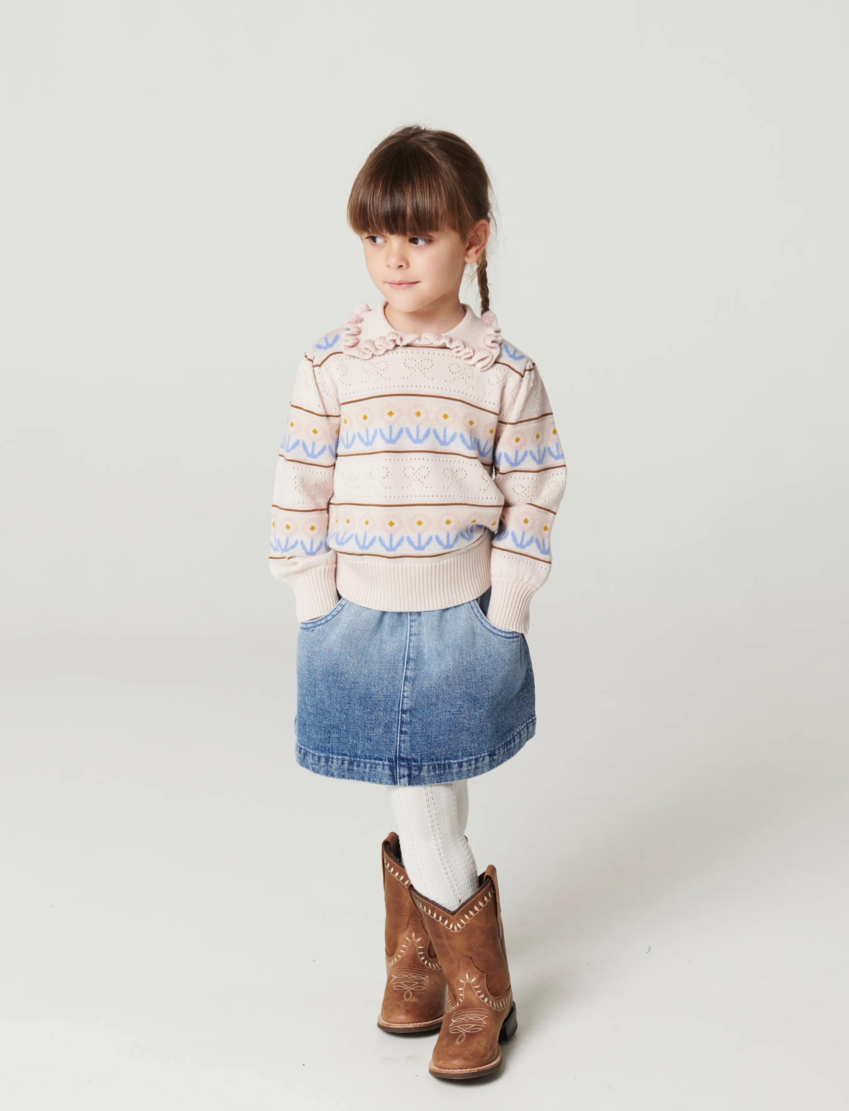 Copenhagen Colors - Knitted Collar Blouse w. Pointelle & Pattern - beige comb. - 3